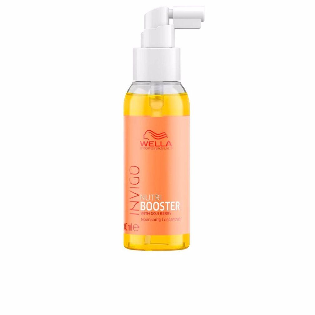 Flasche mit orangefarbenem Etikett. Aufschrift: Invigo Nutri Booster. Mit Goji-Beere. Mit Sprühkopf.