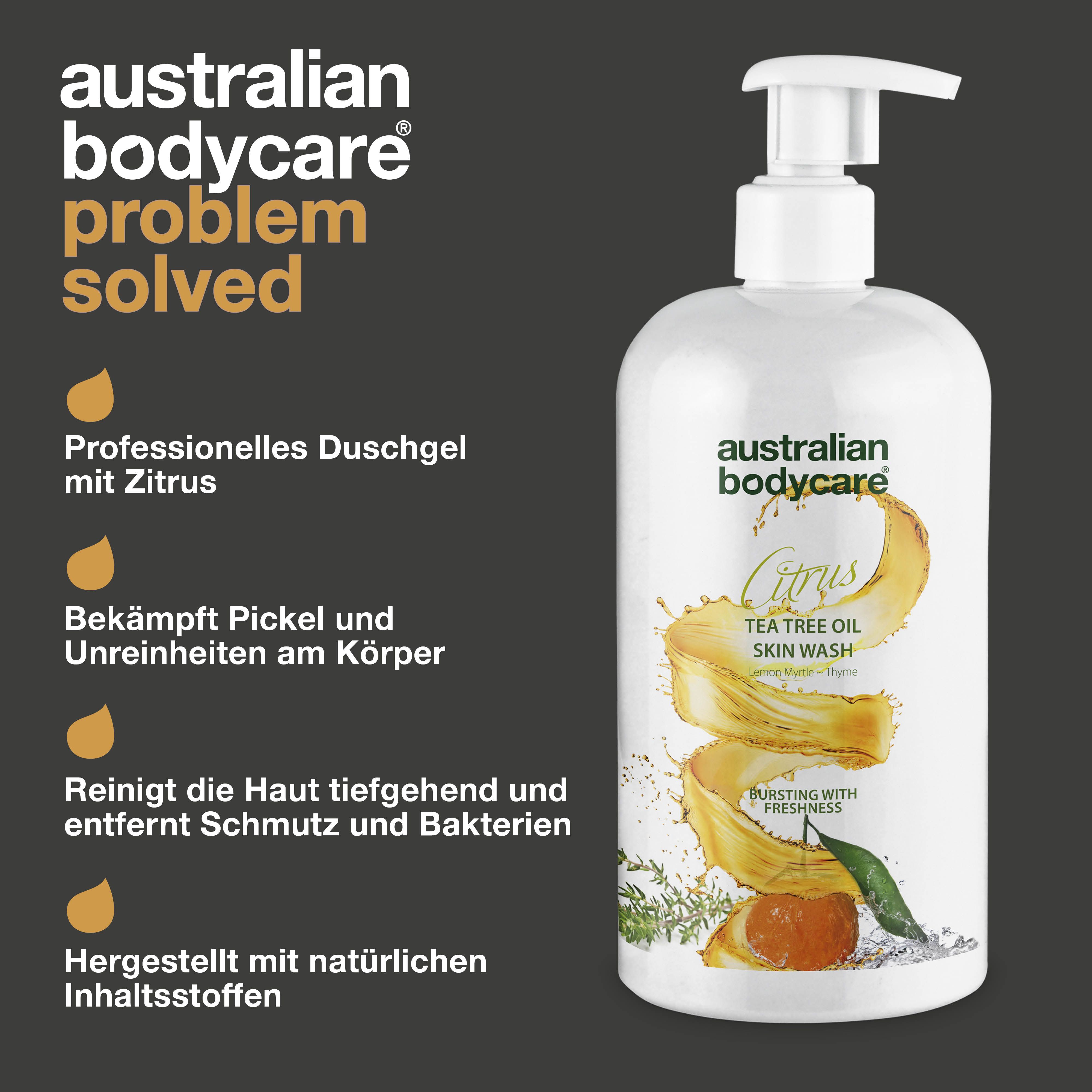 Flasche Australian Bodycare Citrus Skin Wash. Text: Professionelles Duschgel mit Zitrone. Bekämpft Pickel.