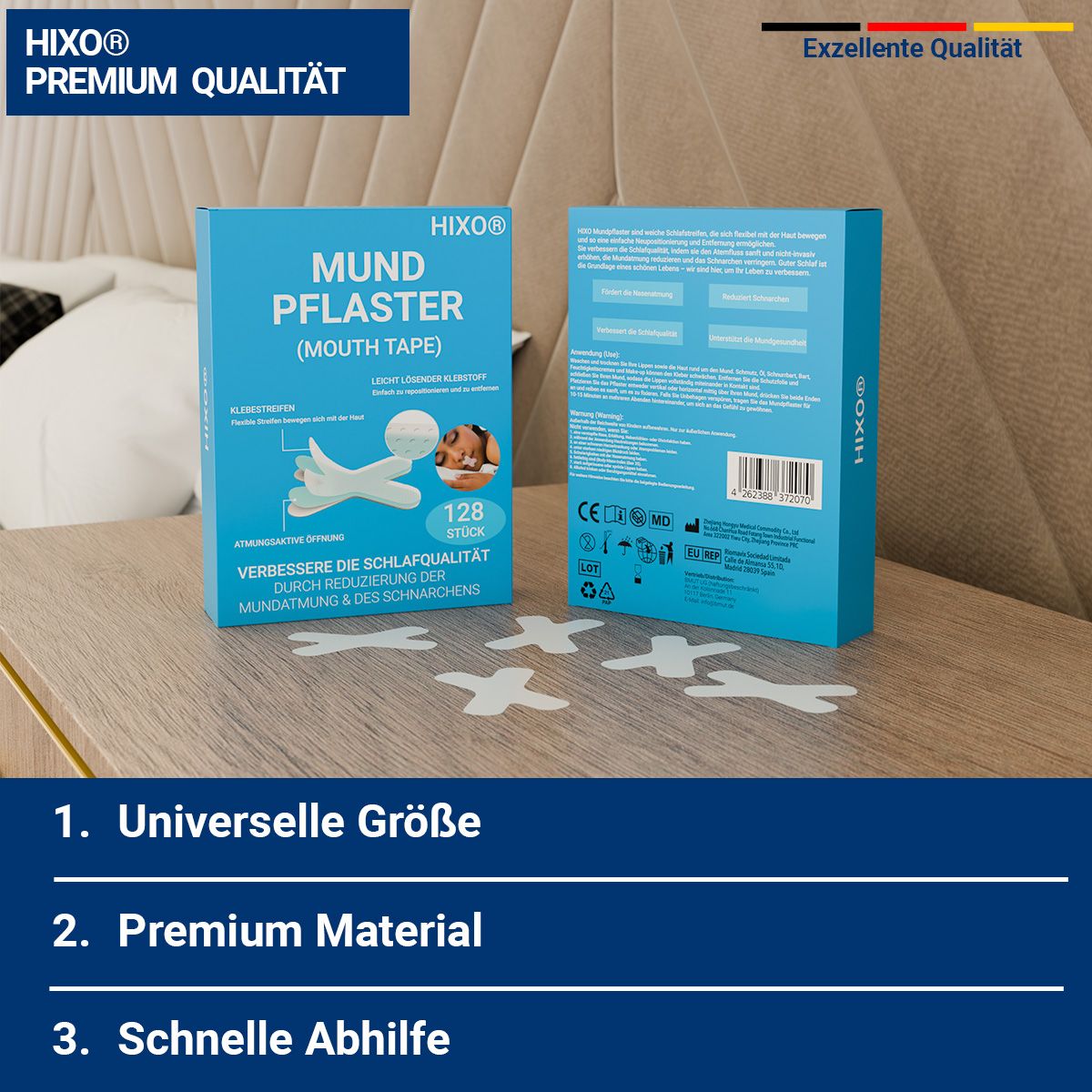 Produktverpackung HIXO Mundpflaster, 128 Stück. Rückseite mit Informationen. Text: Premium Qualität, schnelle Abhilfe.
