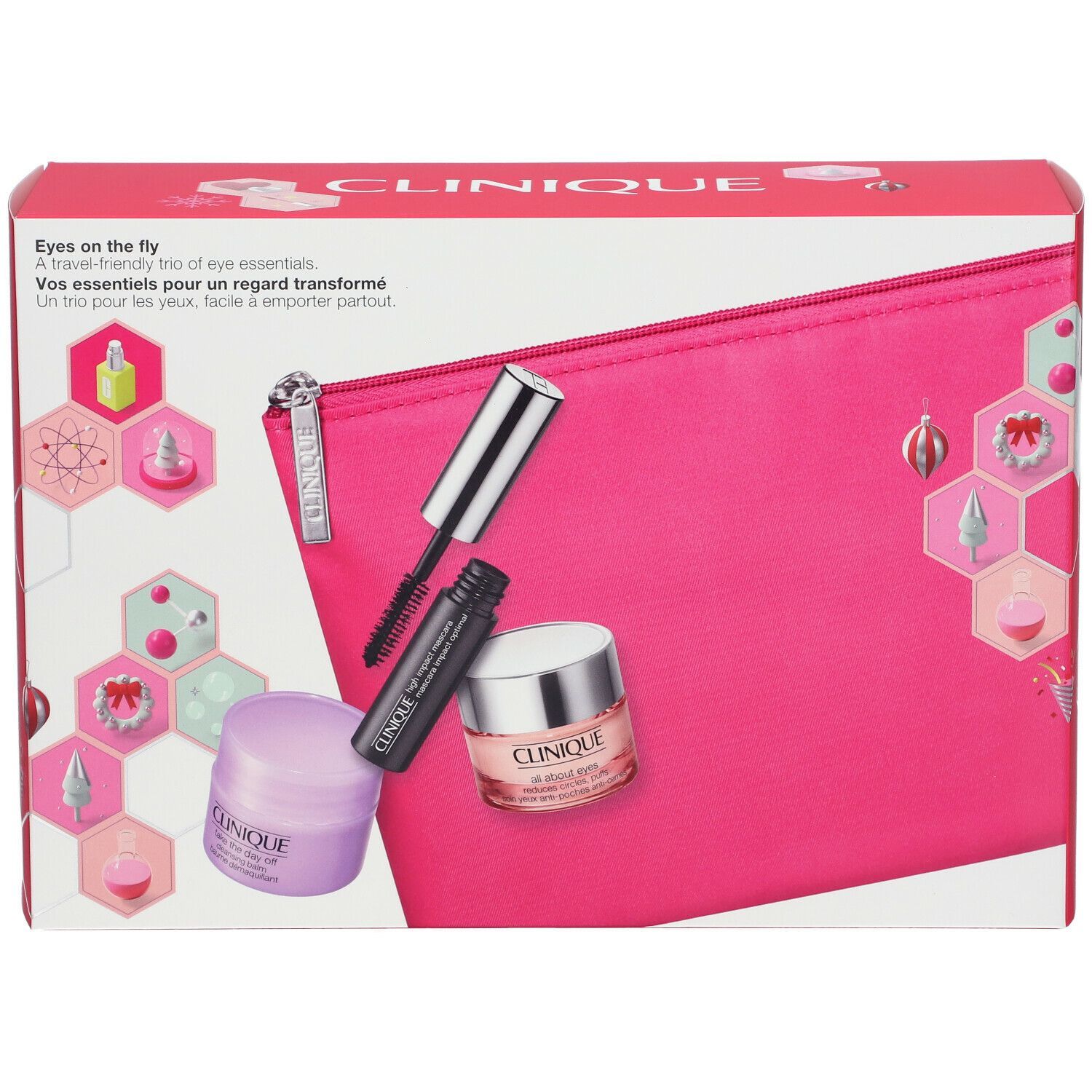 Geschenkset CLINIQUE Eyes on the fly. Rosa Kosmetiktasche mit Mascara, Augencreme und Augenpflege. Verpackung mit Logo und Text.