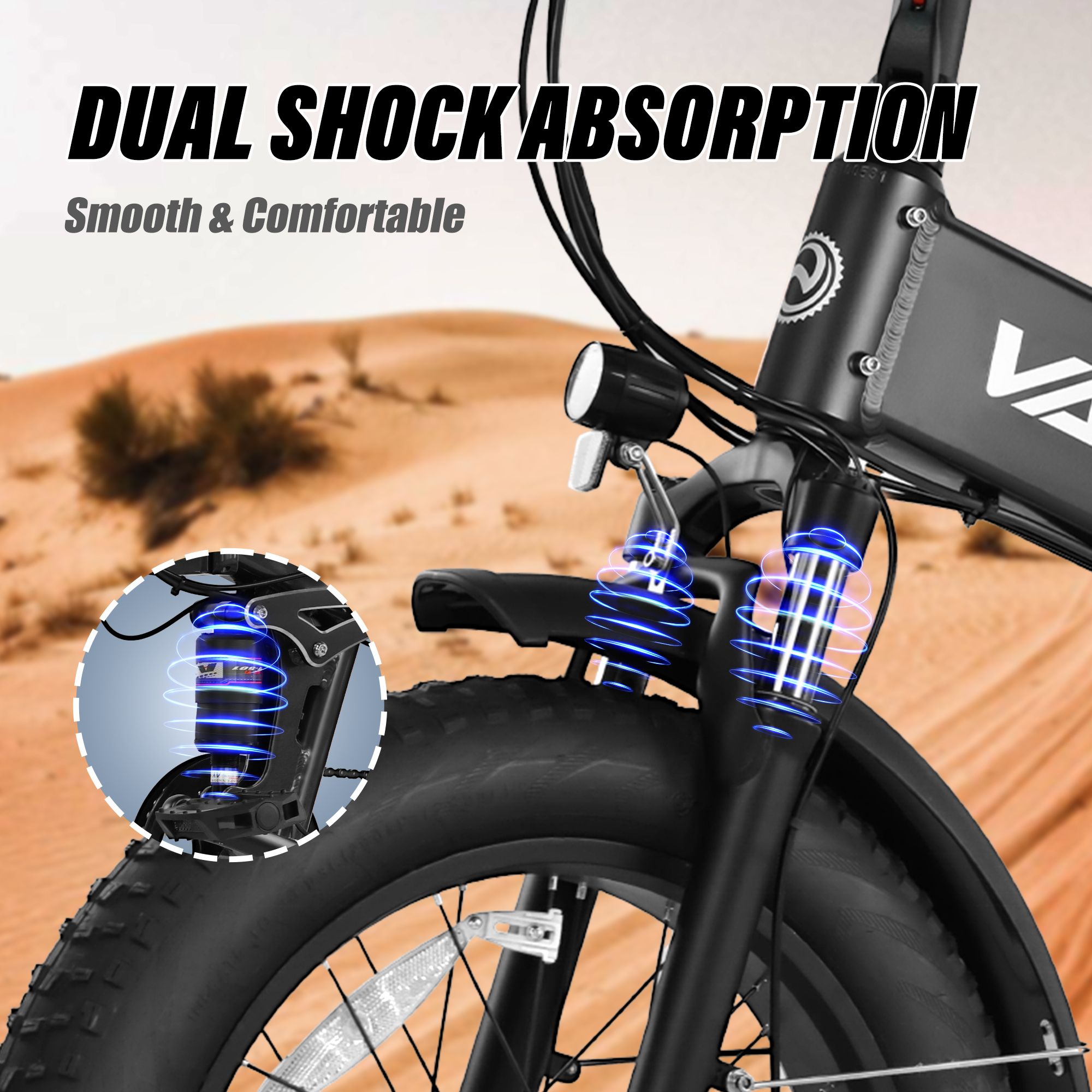 Faltbares E-Bike VARUN S20-2 mit Dual-Stoßdämpfung. Schwarzes Fahrrad mit Federung. Hintergrund: sandige Umgebung.