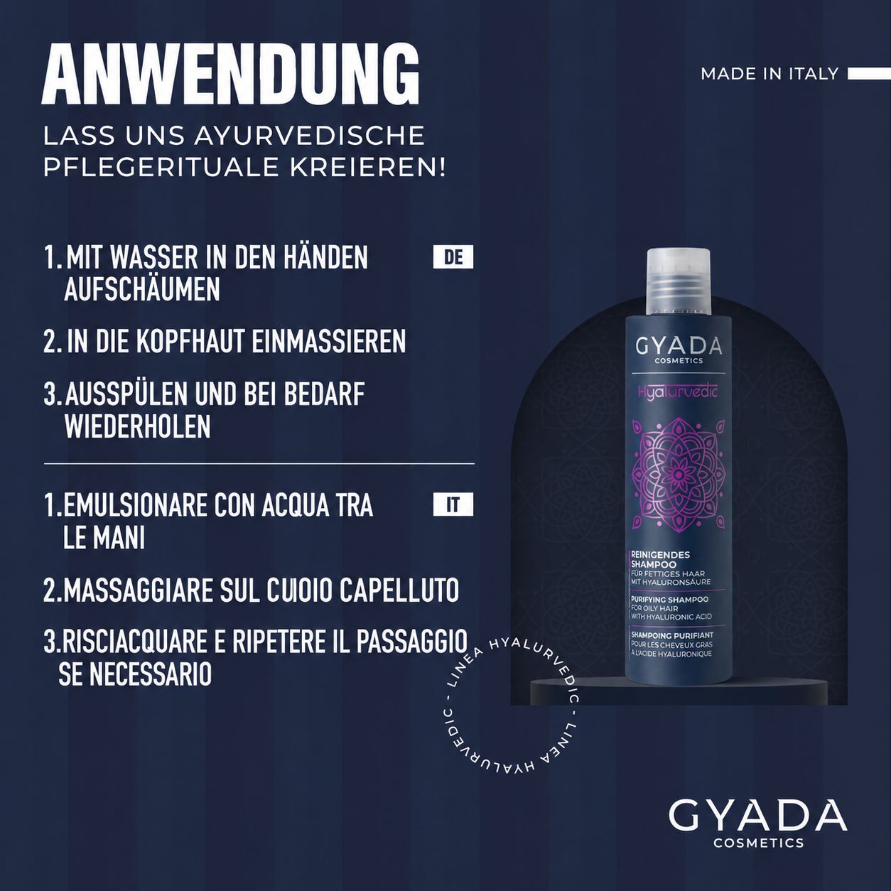 Gyada Cosmetics Hyaluronsäure Shampoo, 250ml Flasche mit Muster.
