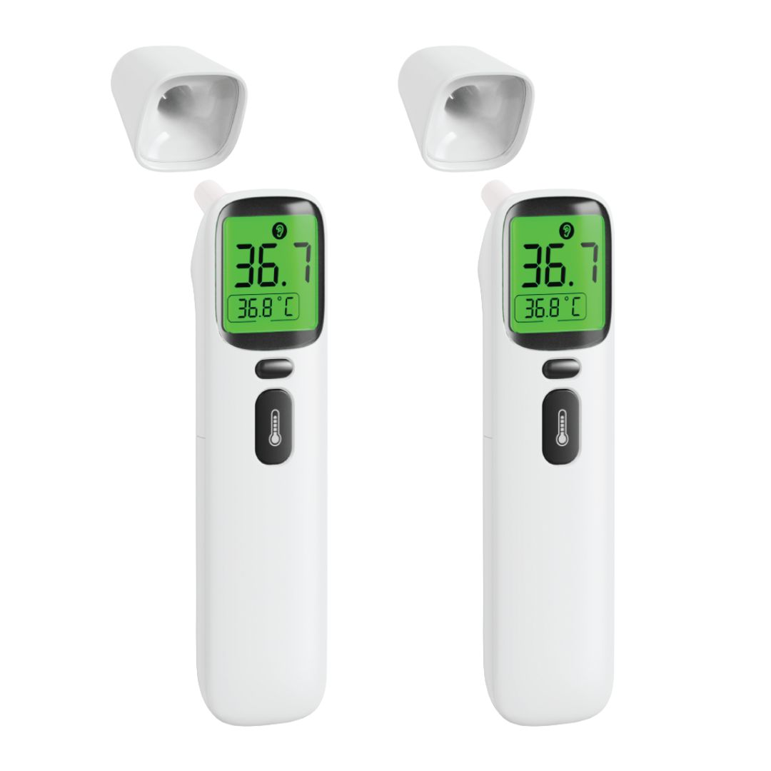 Zwei weiße digitale Fieberthermometer mit grünen Displays. Zwei weiße Kappen liegen daneben.