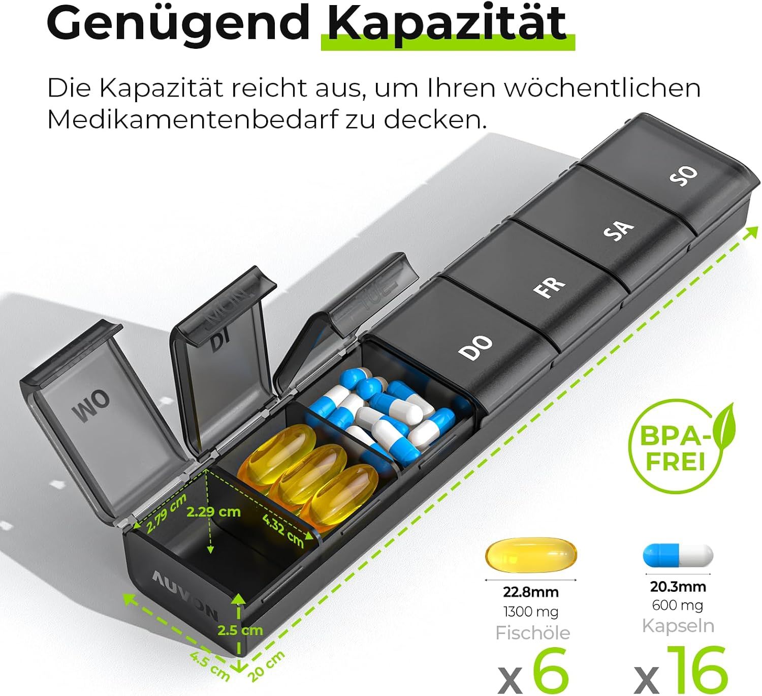 Schwarzer Pillenorganizer mit 7 Fächern, beschriftet mit Wochentagen. Enthält gelbe Kapseln und blaue/weiße Pillen.
