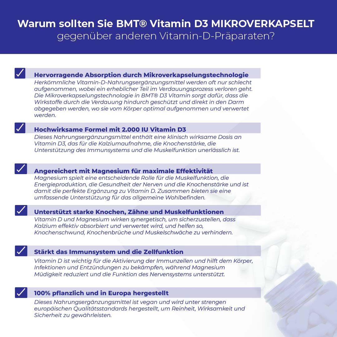 Biostile BMT D3 Vitamin: Fläschchen mit Kapseln, illustriert mit Wirkungen.