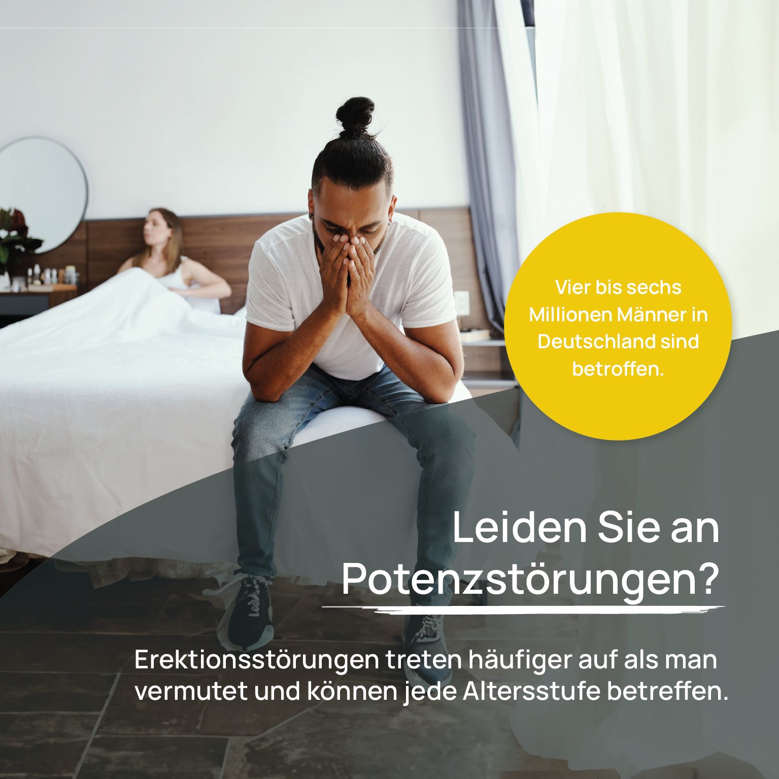 Mann sitzt mit Händen im Gesicht. Text: Leiden Sie an Potenzstörungen? Erektionsstörungen treten häufiger auf.