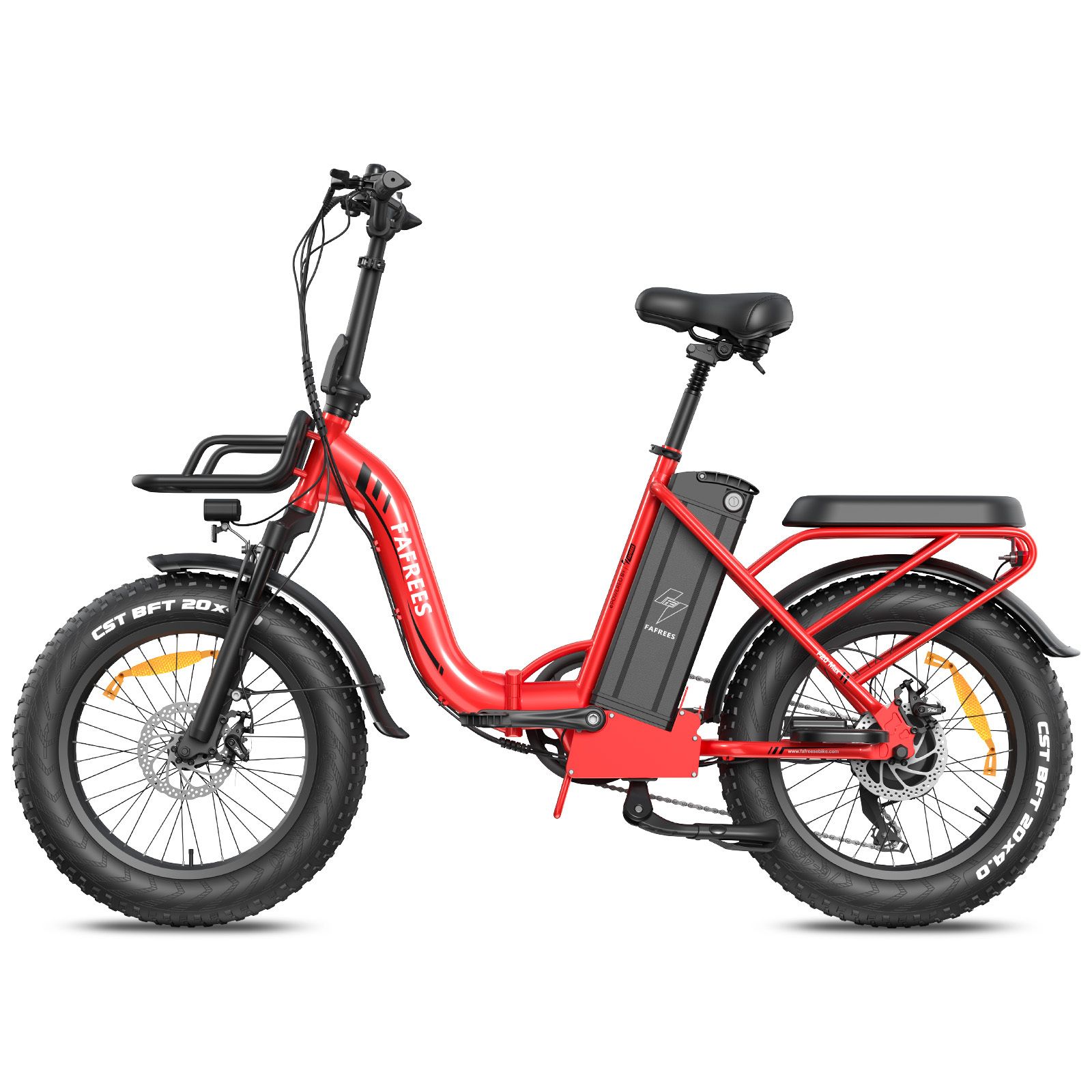 Rotes Falt-E-Bike mit schwarzem Korb, Reifen und Sattel. FAFREES-Logo sichtbar. Mit Akku und LCD-Display.