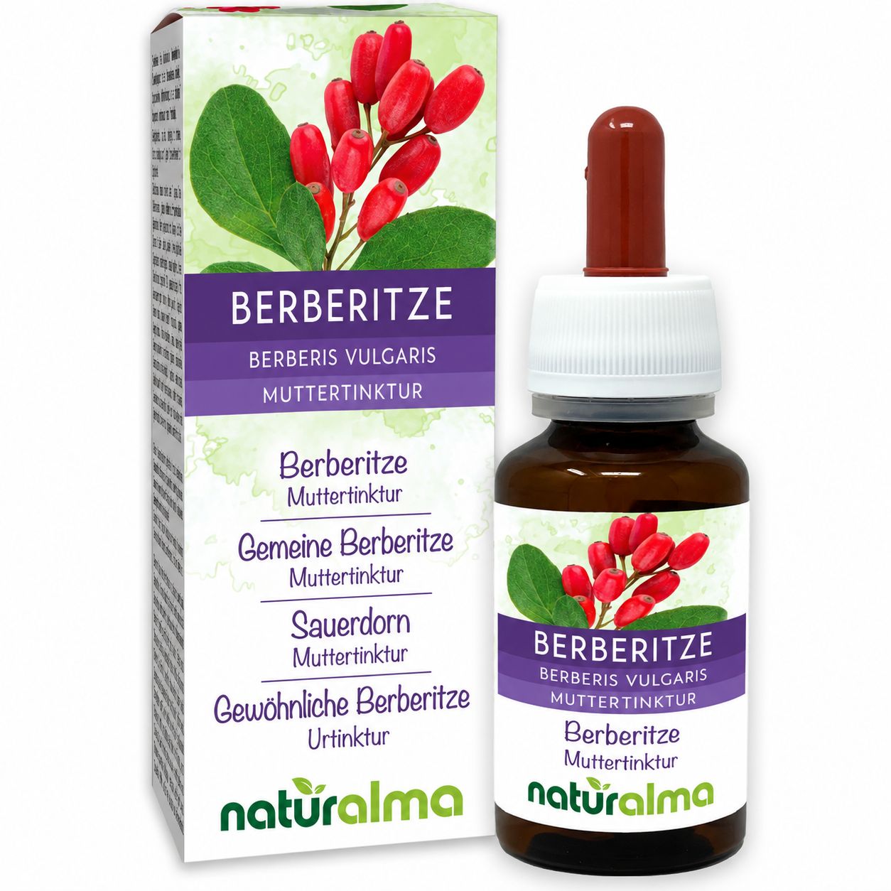 Berberitze Muttertinktur von Naturalma in Braunglasflasche mit Pipette und Faltschachtel.