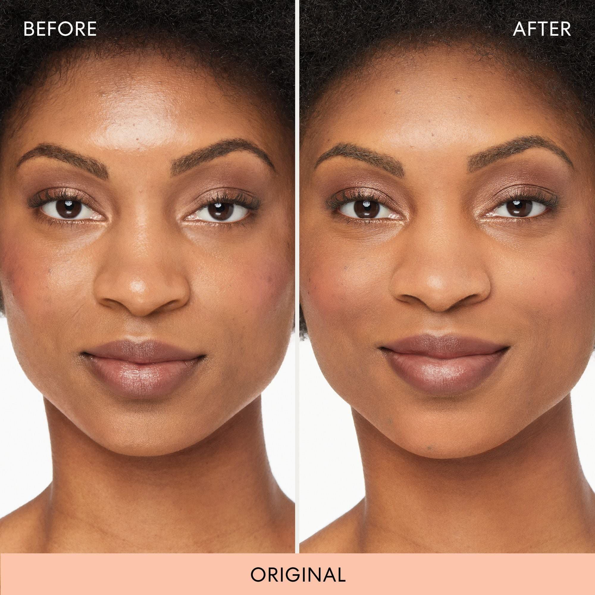 Vorher-Nachher-Vergleich. Frau mit Make-up. Links: Gesicht ohne Make-up. Rechts: Gesicht mit Make-up.