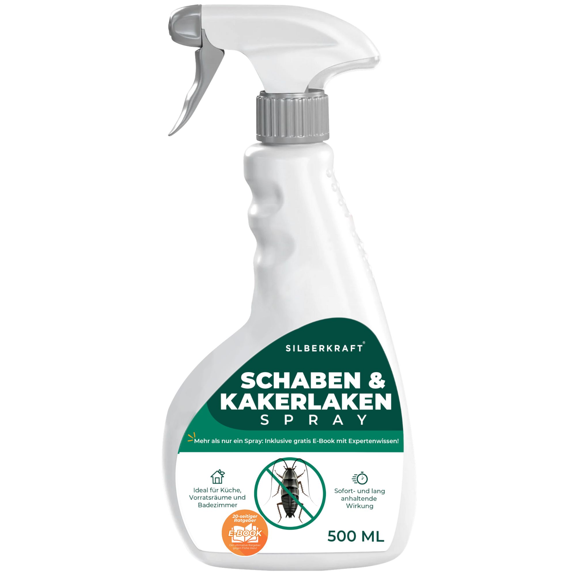 Weiße Sprayflasche mit grauem Sprühkopf. Text: SILBERKRAFT Schaben & Kakerlakenspray, 500 ml. Piktogramm: Insekt.