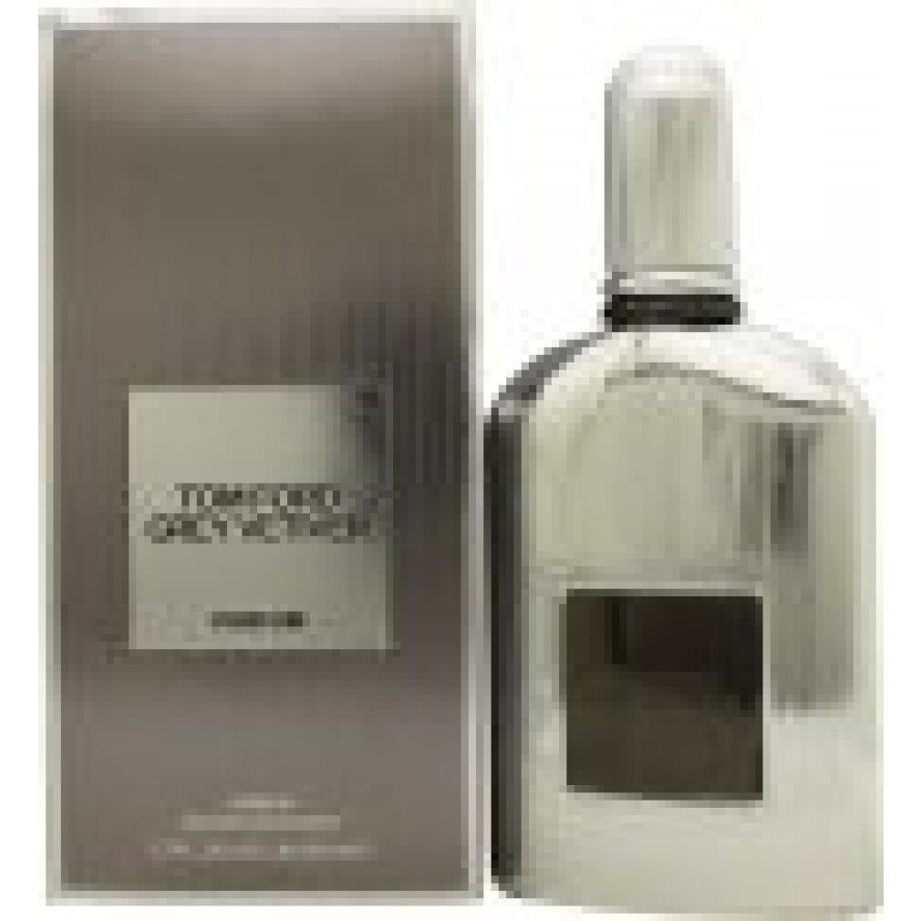 Parfümflakon und Verpackung. Silberfarbener Flakon mit geriffelter Oberfläche. Text: TOM FORD GREY VETIVER PARFUM.