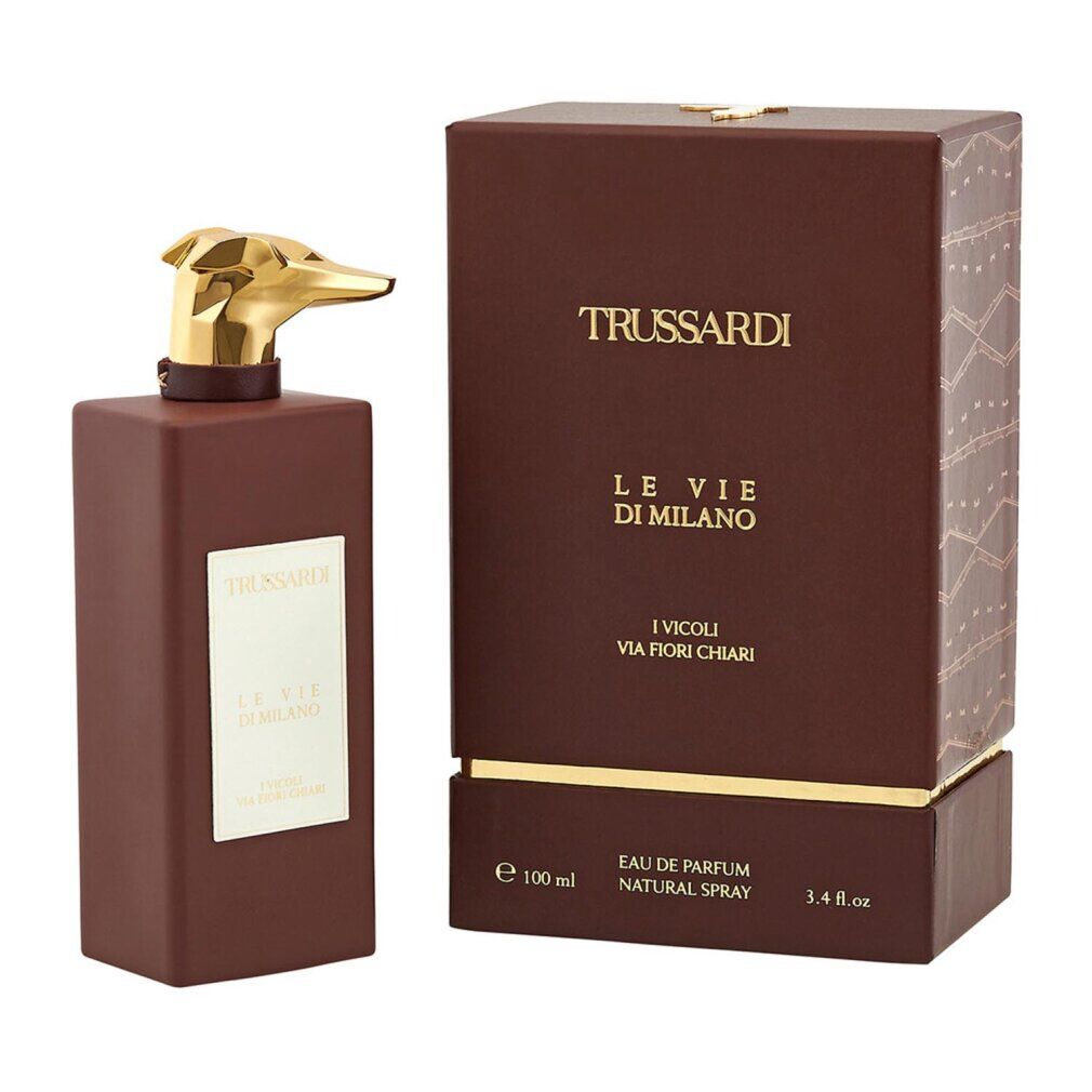 Trussardi Le Vie Di Milano Eau de Parfum Flakon und Schachtel. Braune Flasche mit goldenem Sprühkopf und weißem Etikett.