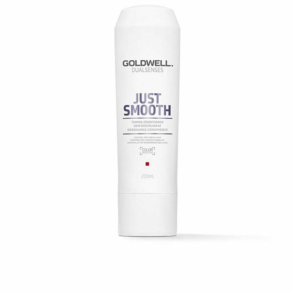 Weiße Flasche Goldwell Dualsenses Just Smooth Conditioner. Text: Taming Conditioner, 200ml. Farbmarkierung.