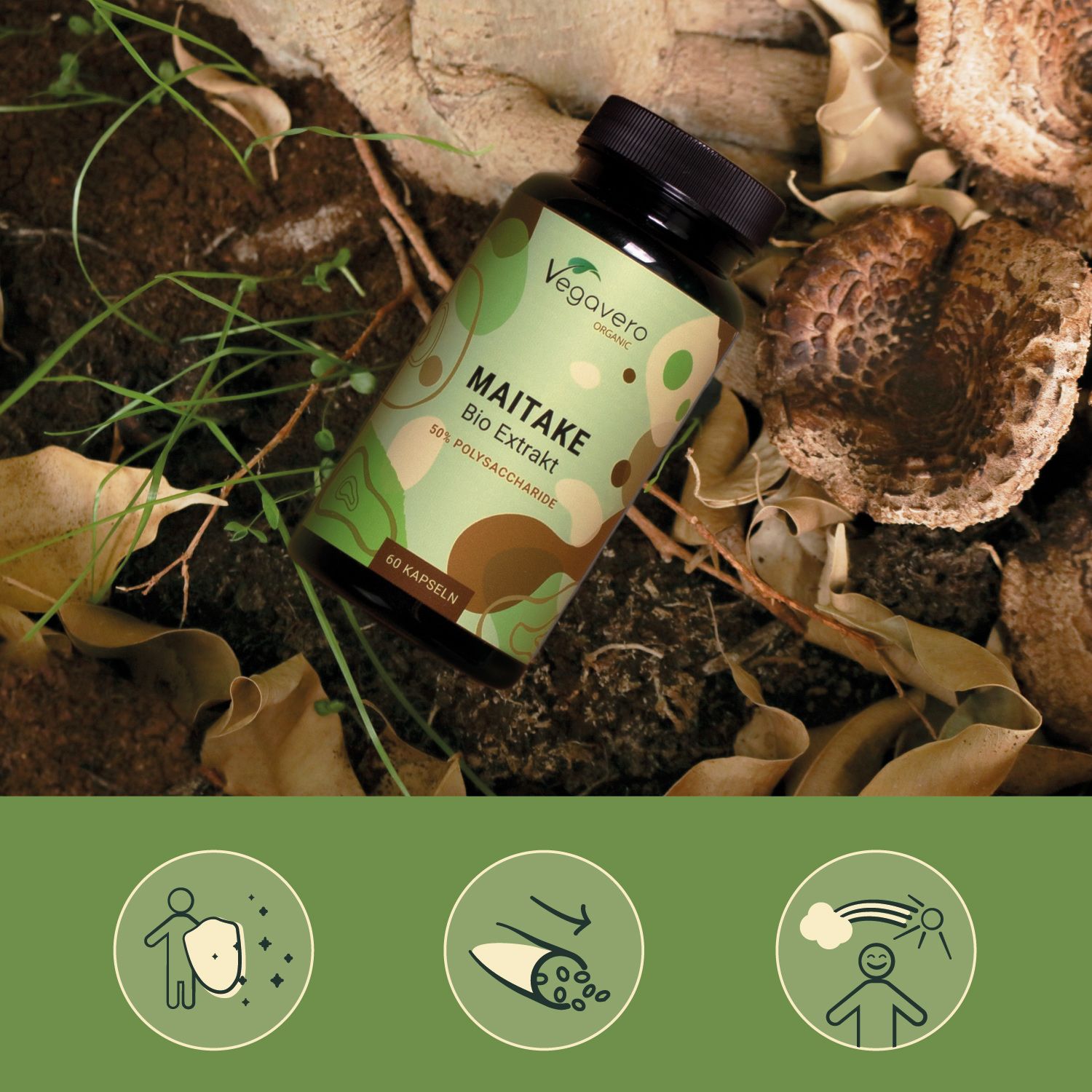 Kapsel-Dose auf Waldboden. Aufschrift: Vegavaro, Maitake Bio Extrakt, 50% Polysaccharide, 60 Kapseln. Drei Icons: Schutz, Durchblutung, Wohlbefinden.