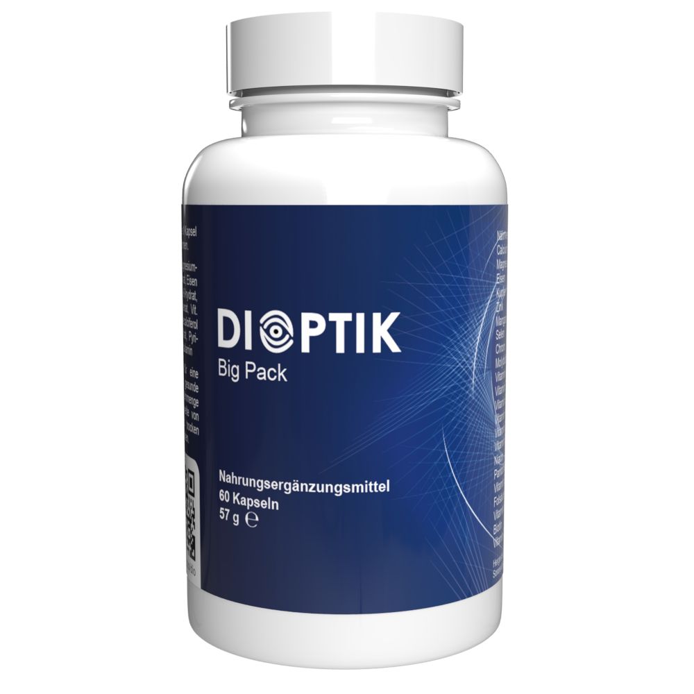 Weiße Flasche mit blauem Etikett. Aufschrift: DIOPTIK Big Pack. Nahrungsergänzungsmittel. 60 Kapseln.