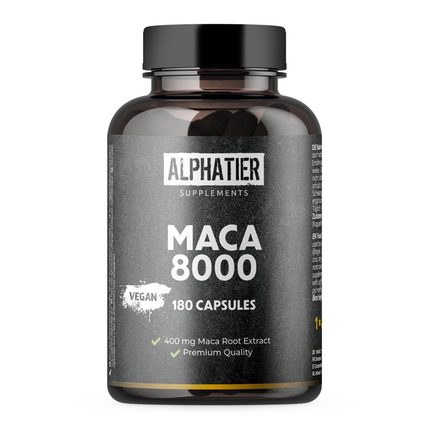 Braune Flasche mit Alphatier Maca 8000 Kapseln. Aufschrift: Maca 8000, 180 Kapseln, 400 mg Maca-Wurzel-Extrakt, Premium Quality, vegan.