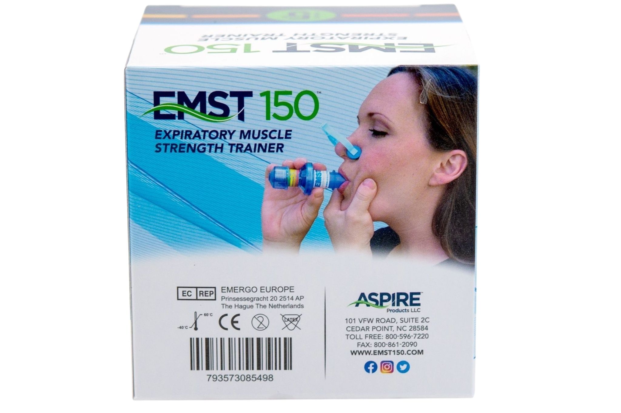Verpackung des Atemmuskeltrainers EMST 150 mit Anwendungsbild und CE-Zeichen.