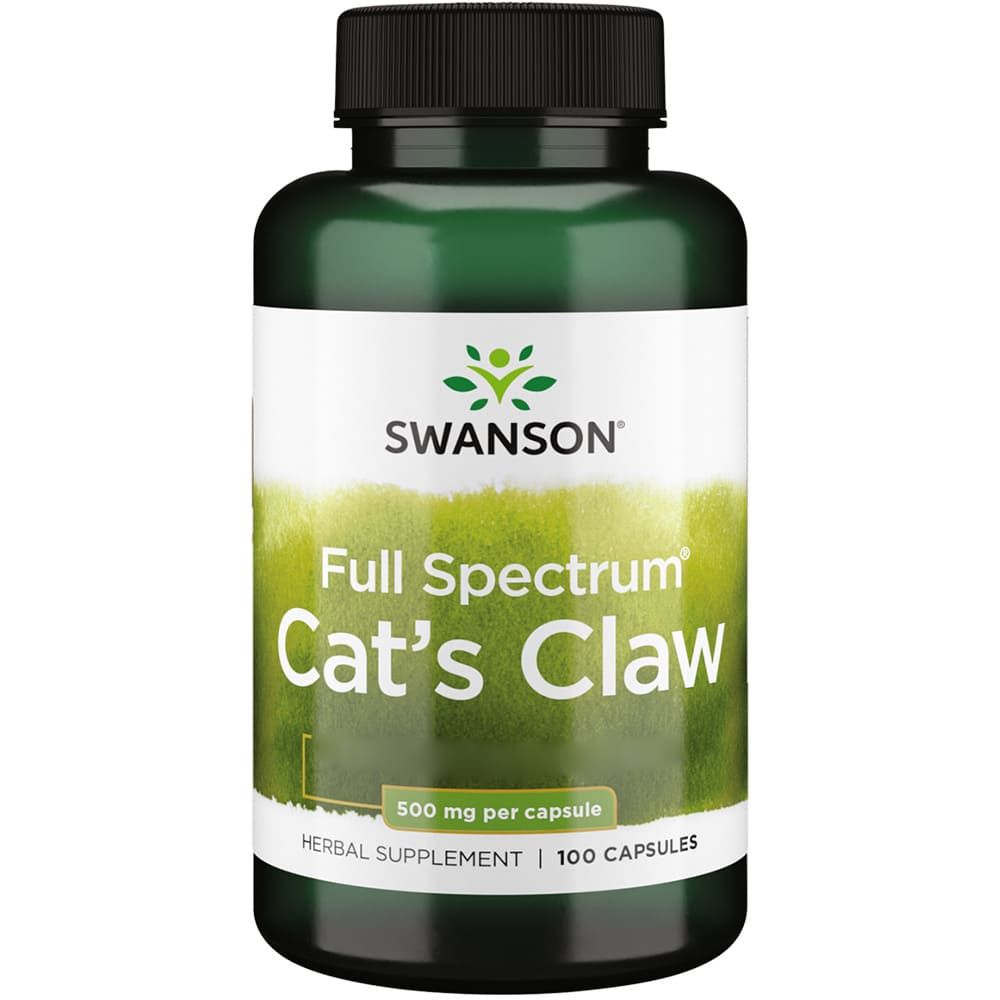 Grüne Flasche mit schwarzem Deckel. Aufschrift: Swanson, Cat's Claw, 500 mg pro Kapsel, 100 Kapseln.