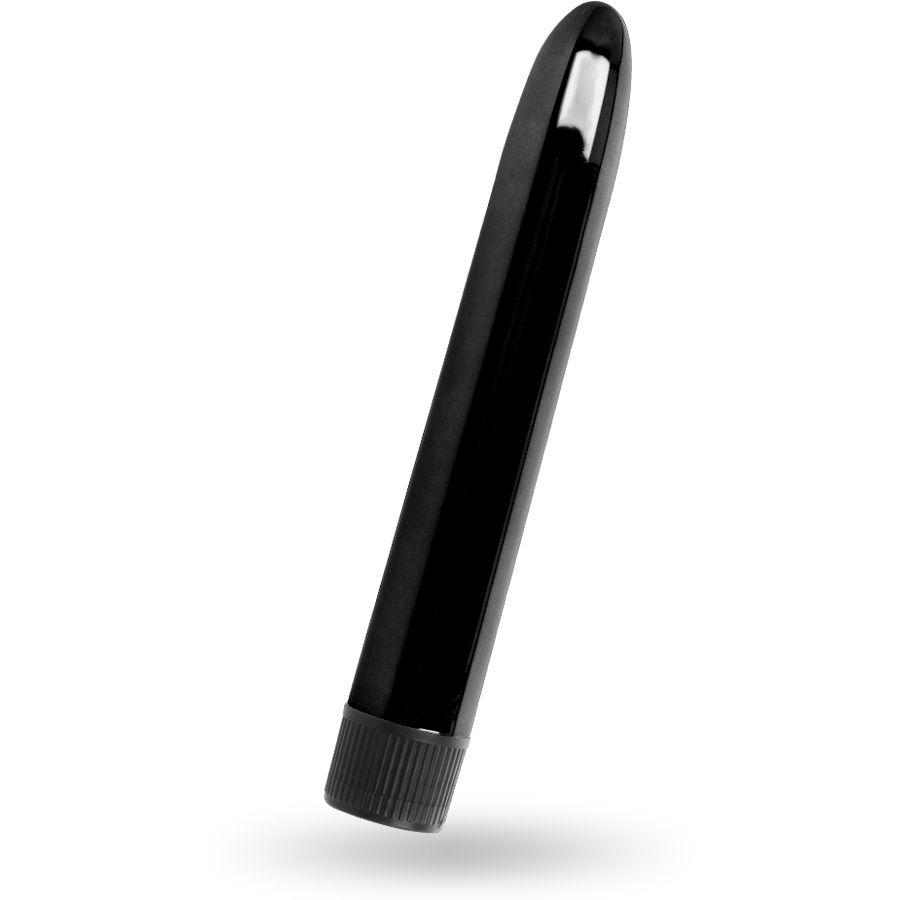 Schwarzer Vibrator mit konischer Form. Glatte Oberfläche, geriffelter Sockel.