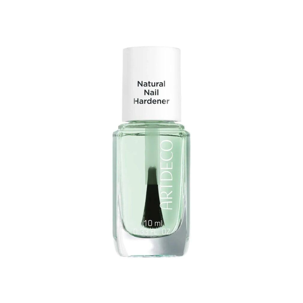 Artdeco Natural Nail Hardener. Klare Flüssigkeit in einer Glasflasche mit weißem Deckel. Schwarzer Pinsel. 10 ml.