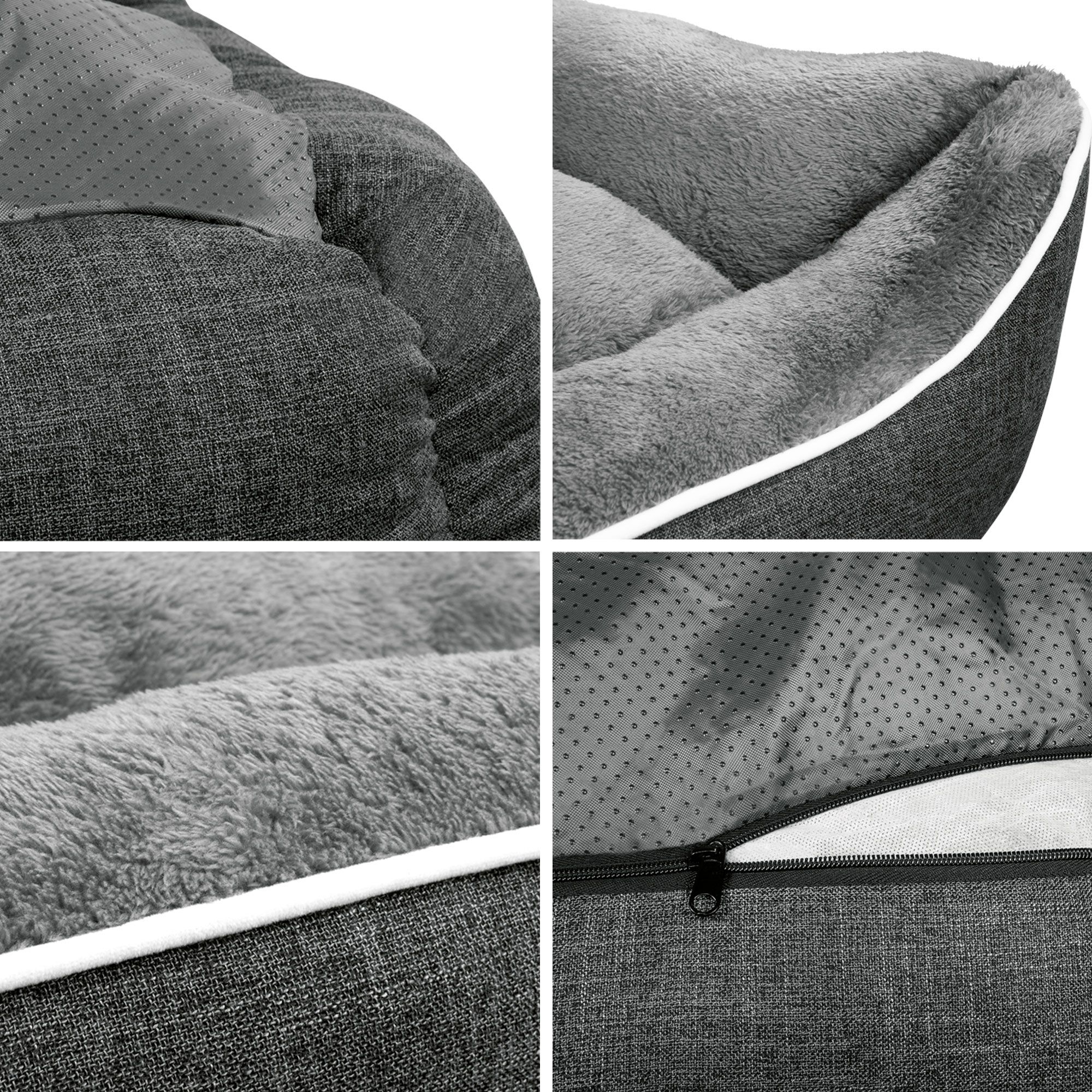 Nahaufnahmen von Hundebett-Details. Stoffe in Grau, weißer Rand, Reißverschluss, Anti-Rutsch-Beschichtung.