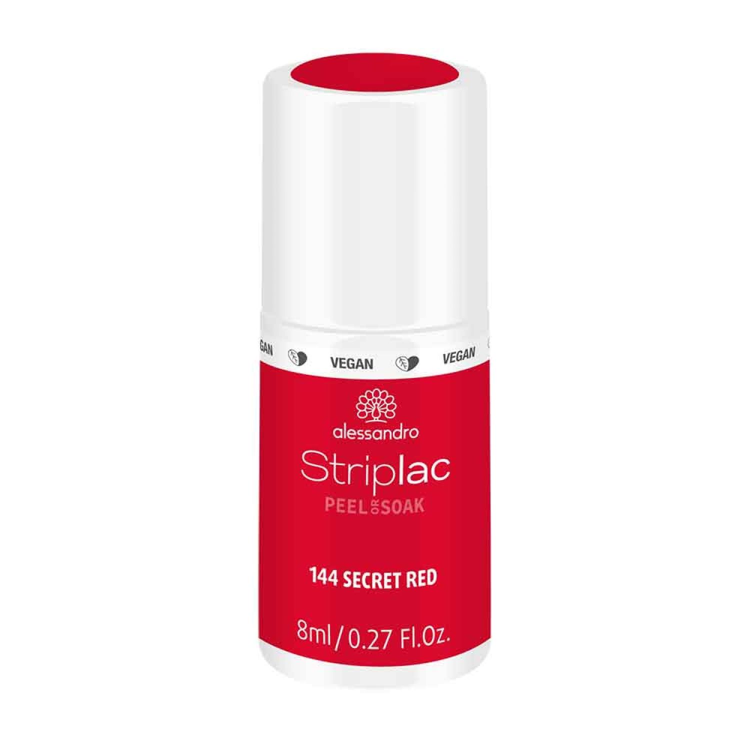 Rote Nagellackflasche mit weißem Deckel. Aufschrift: Alessandro StripLac Peel & Soak 144 Secret Red.