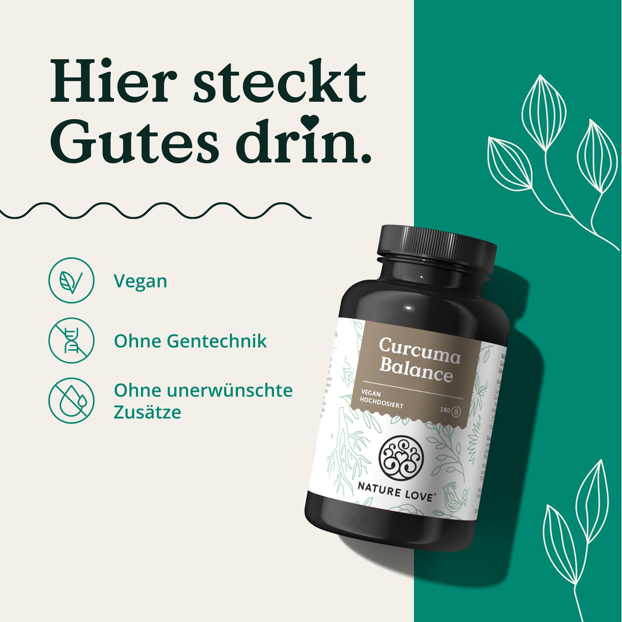Braune Flasche mit weißem Etikett. Aufschrift: Curcuma Balance, Vegan, ohne Gentechnik, ohne unerwünschte Zusätze. Logo: NATURE LOVE®.