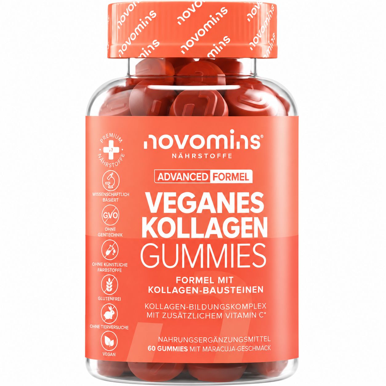 Flasche mit veganen Kollagen Gummibärchen, "novomins" Aufdruck.