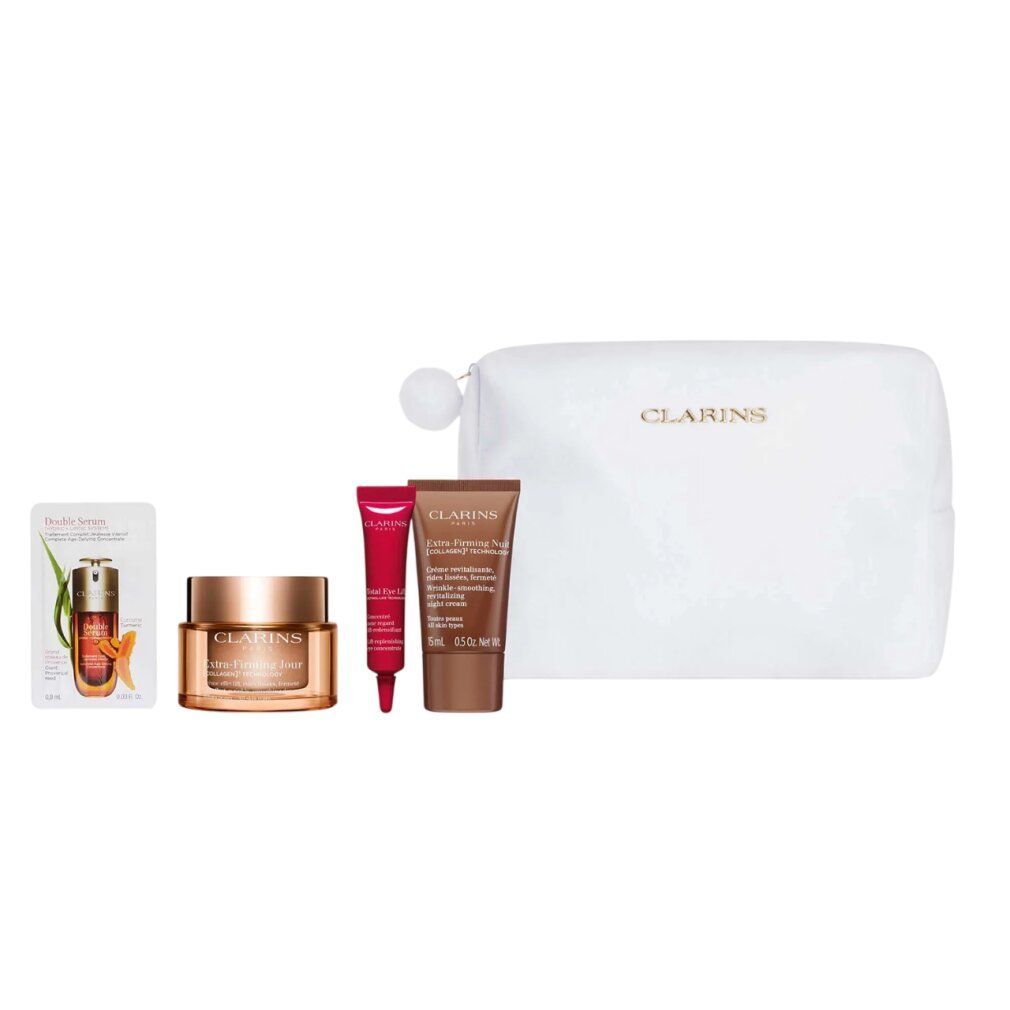 Kosmetikprodukte: Creme, Augencreme, Nachtcreme, Serum und Tasche. Goldfarbene Creme-Dose. Rote und braune Tuben.