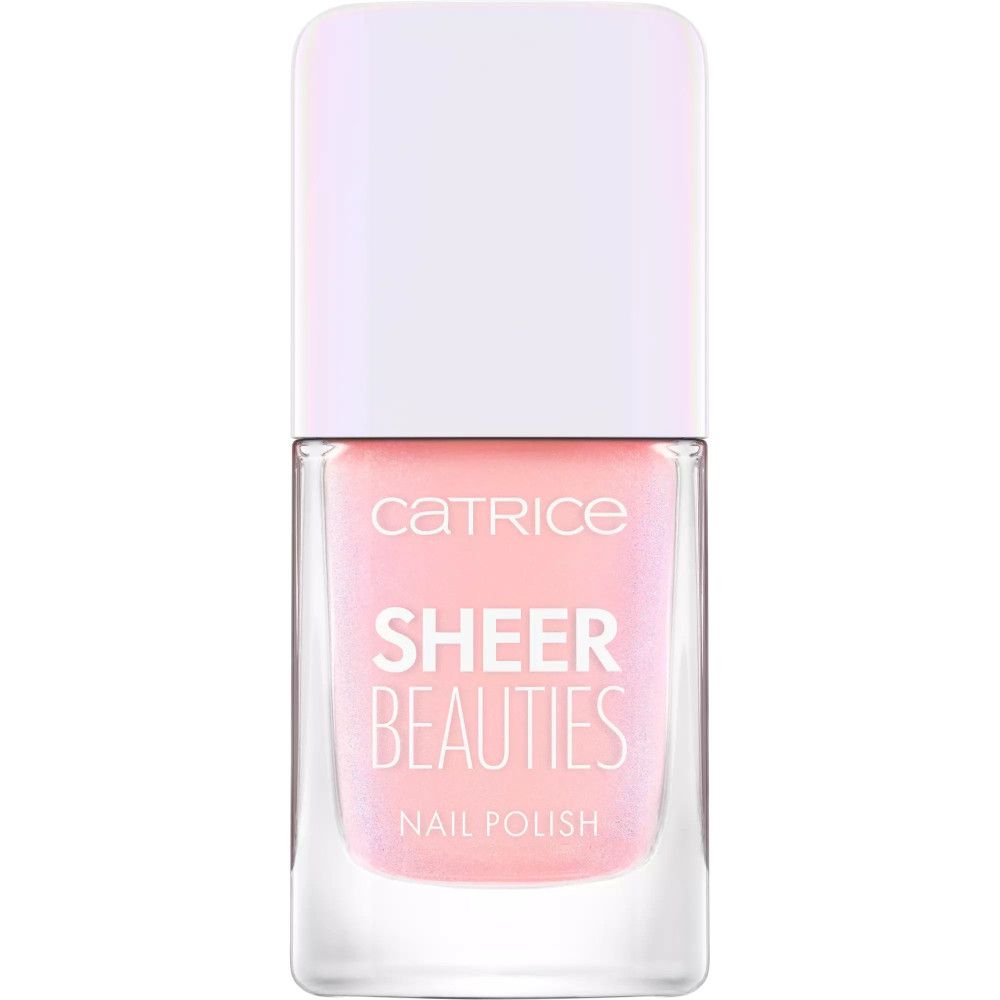 Catrice Sheer Beauties Nagellack in rosa. Rechteckige Flasche mit weißem Deckel. Produktname und Marke sind sichtbar.
