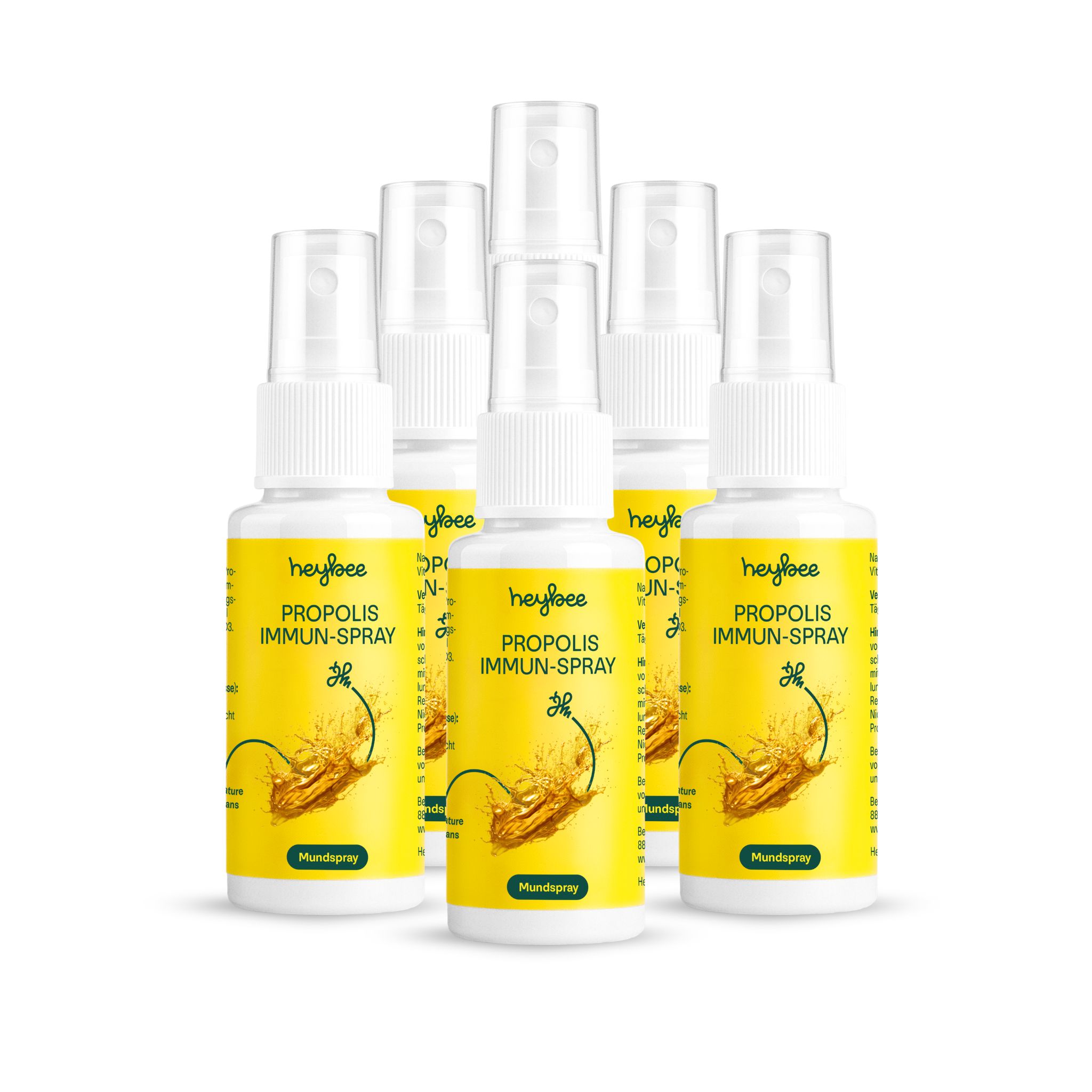 Sechs Flaschen "Heybee Propolis Immun-Spray". Weiße Flaschen mit gelben Etiketten. Mundspray.