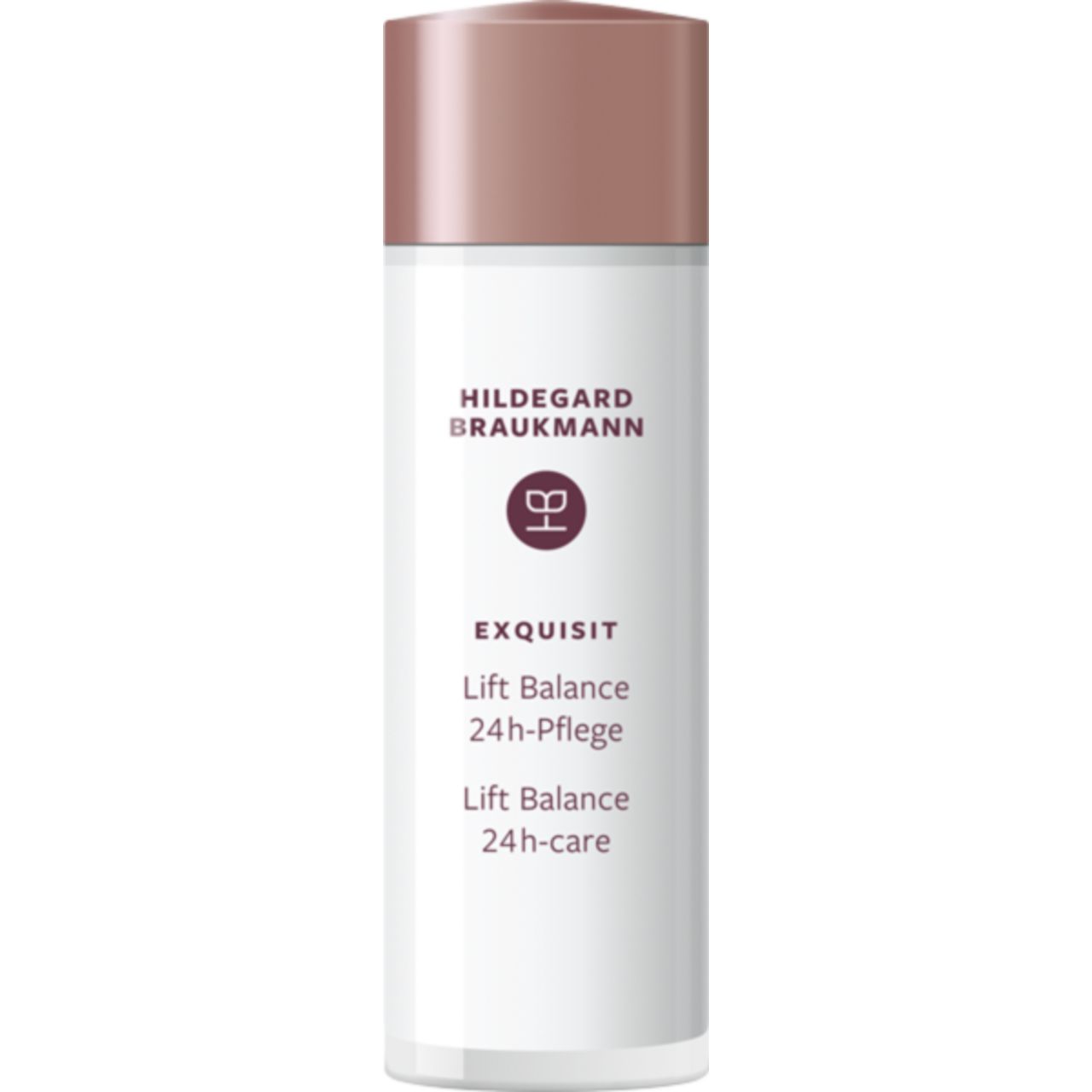 Zylindrische Flasche mit rosafarbenem Deckel. Text: Hildegard Braukmann, Exquisit Lift Balance 24h-Pflege, 24h-care.