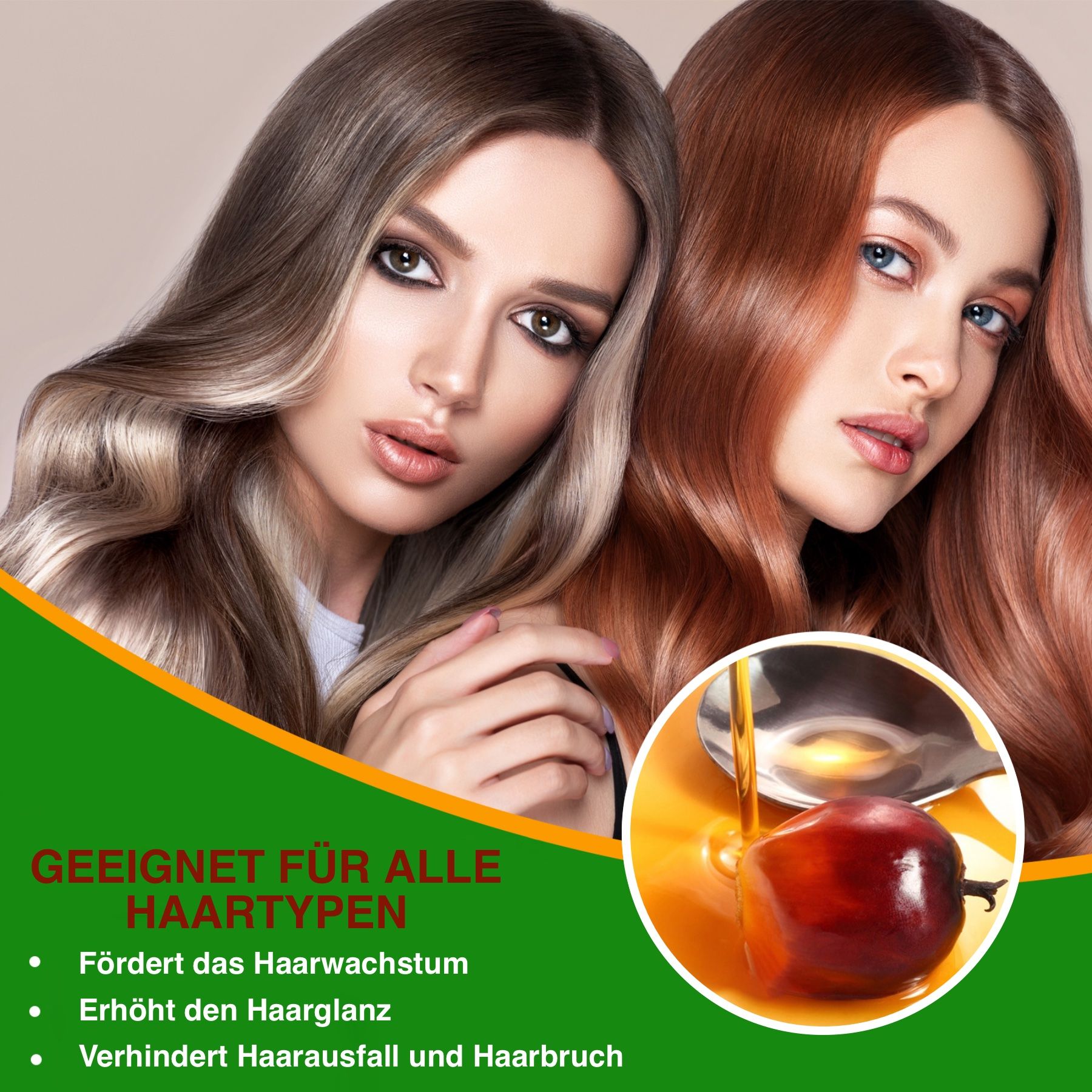 Zwei Frauen mit unterschiedlichen Haartypen neben einer Schüssel mit Öl. Text: Fördert das Haarwachstum, erhöht den Glanz, verhindert Haarausfall.