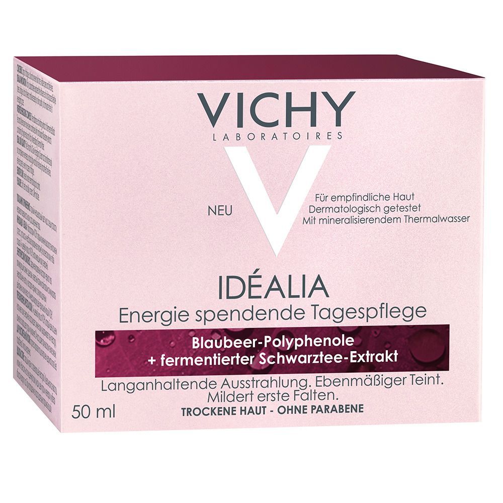 Rosa Verpackung mit VICHY-Logo und Produktbezeichnung. Text: Idéalia, Energie spendende Tagespflege. Enthält Blaubeer-Polyphenole.
