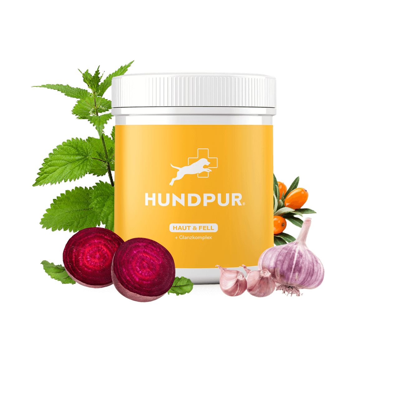 Weißes Produktglas mit gelbem Etikett, HUNDPUR® Haut & Fell. Zutaten: Rote Bete, Knoblauch, Brennnessel, Sanddorn.