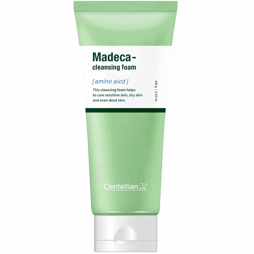 Grüne Tube mit weißem Etikett. Text: Madeca-cleansing foam, [amino acid]. Centellian 24 Logo.