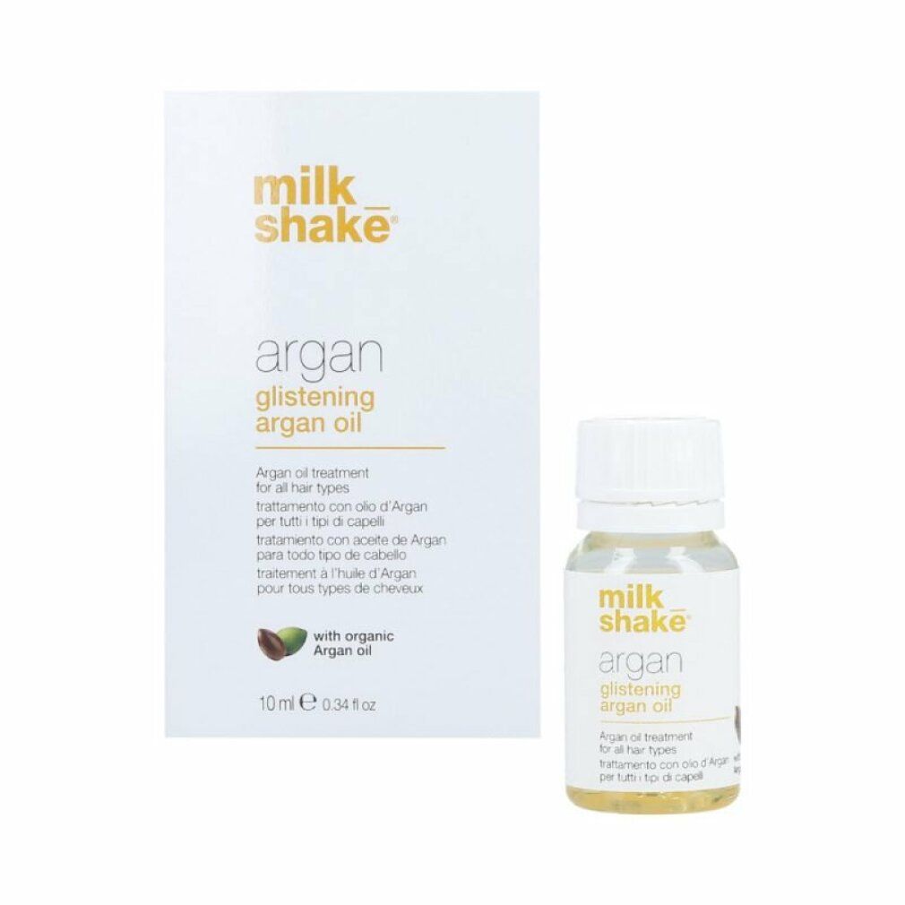 Karton und Flasche mit Produktetikett. Aufschrift: Milk_shake, Argan Glistening Argan Oil. 10 ml.