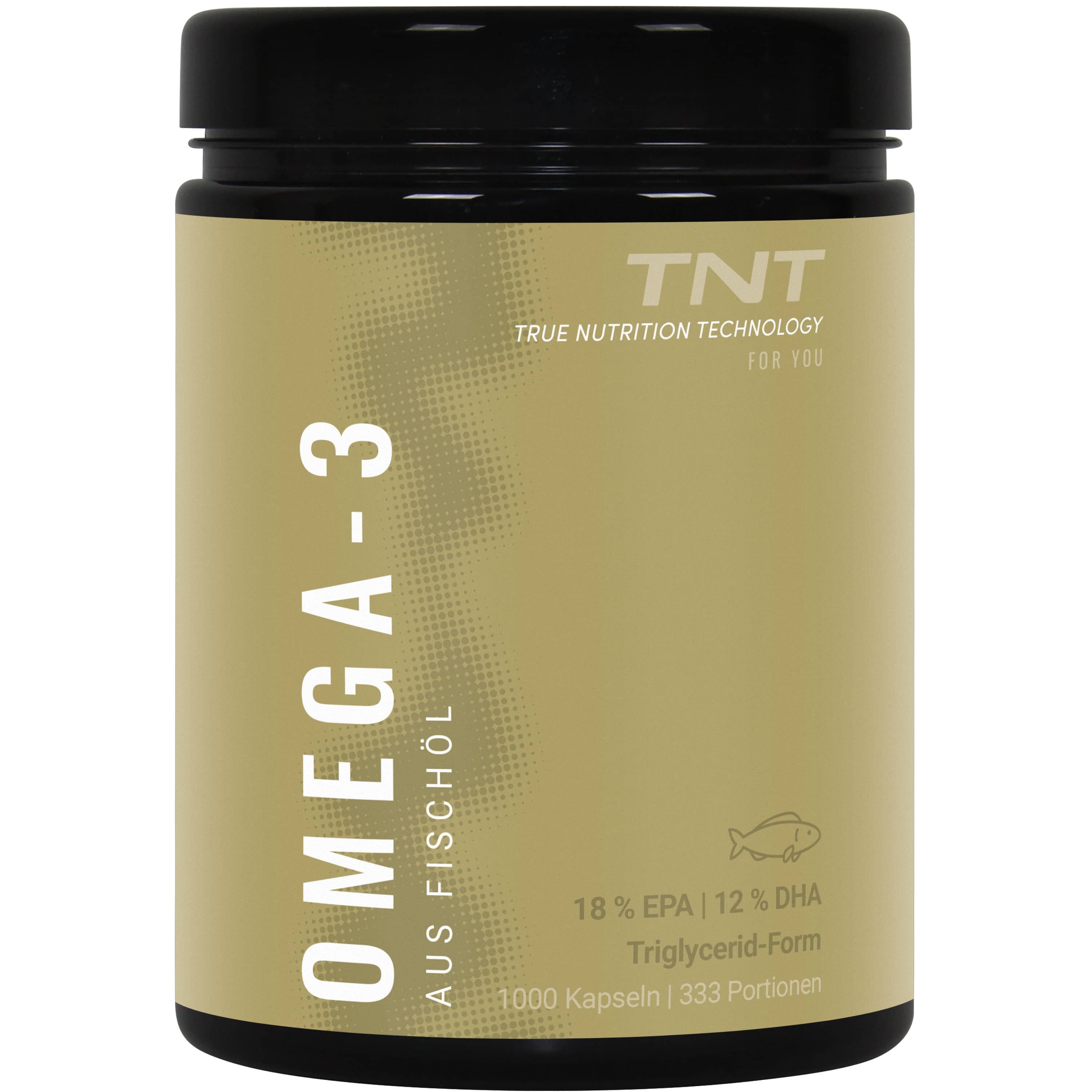 Behälter mit TNT Omega-3 Fischöl. Goldfarbenes Etikett mit Produktinformationen und Fischsymbol.