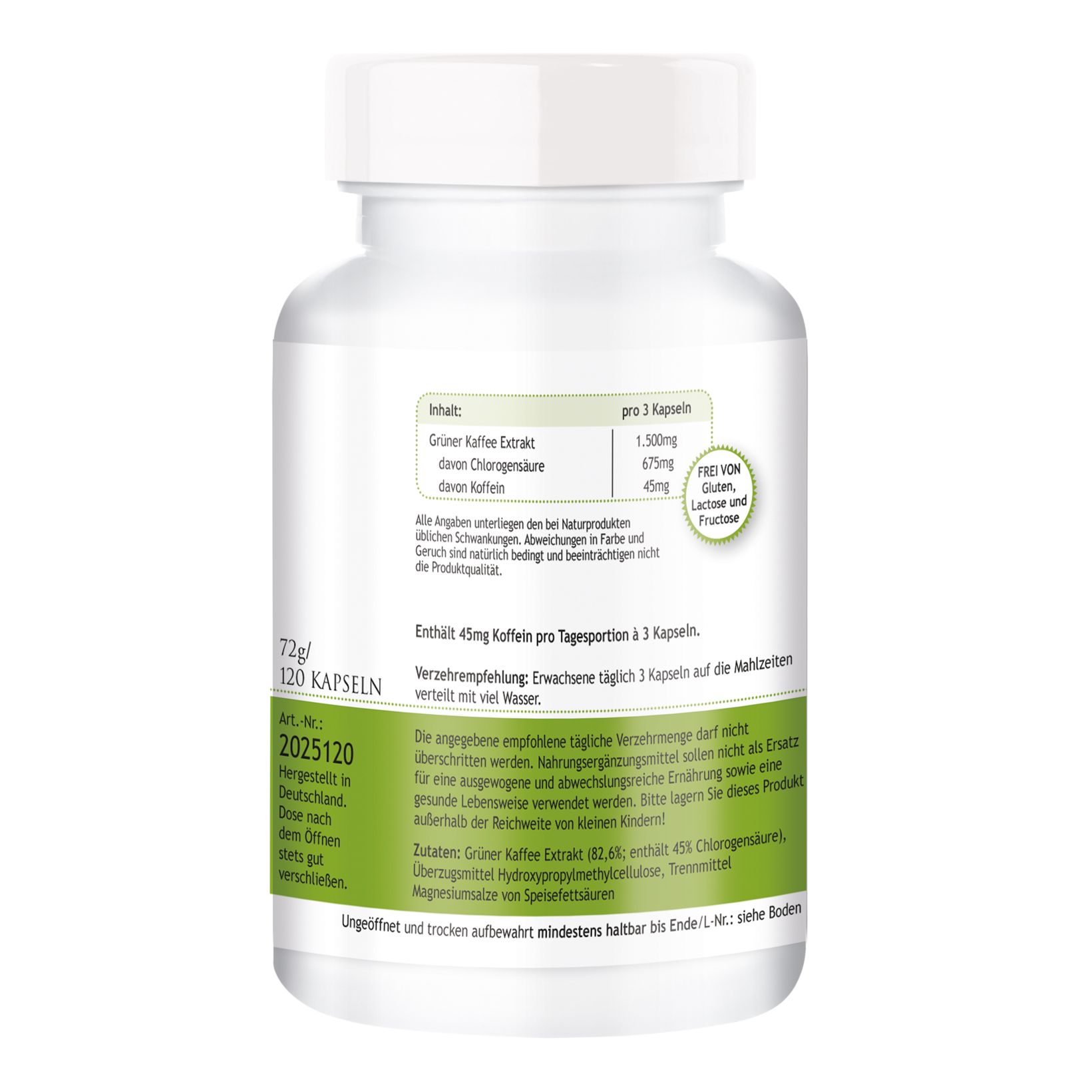 Weiße Flasche mit grünem Etikett. Aufschrift: GRÜNER KAFFEE 500MG. Rückseite mit Inhaltsangaben und Verzehrempfehlung. 120 Kapseln.