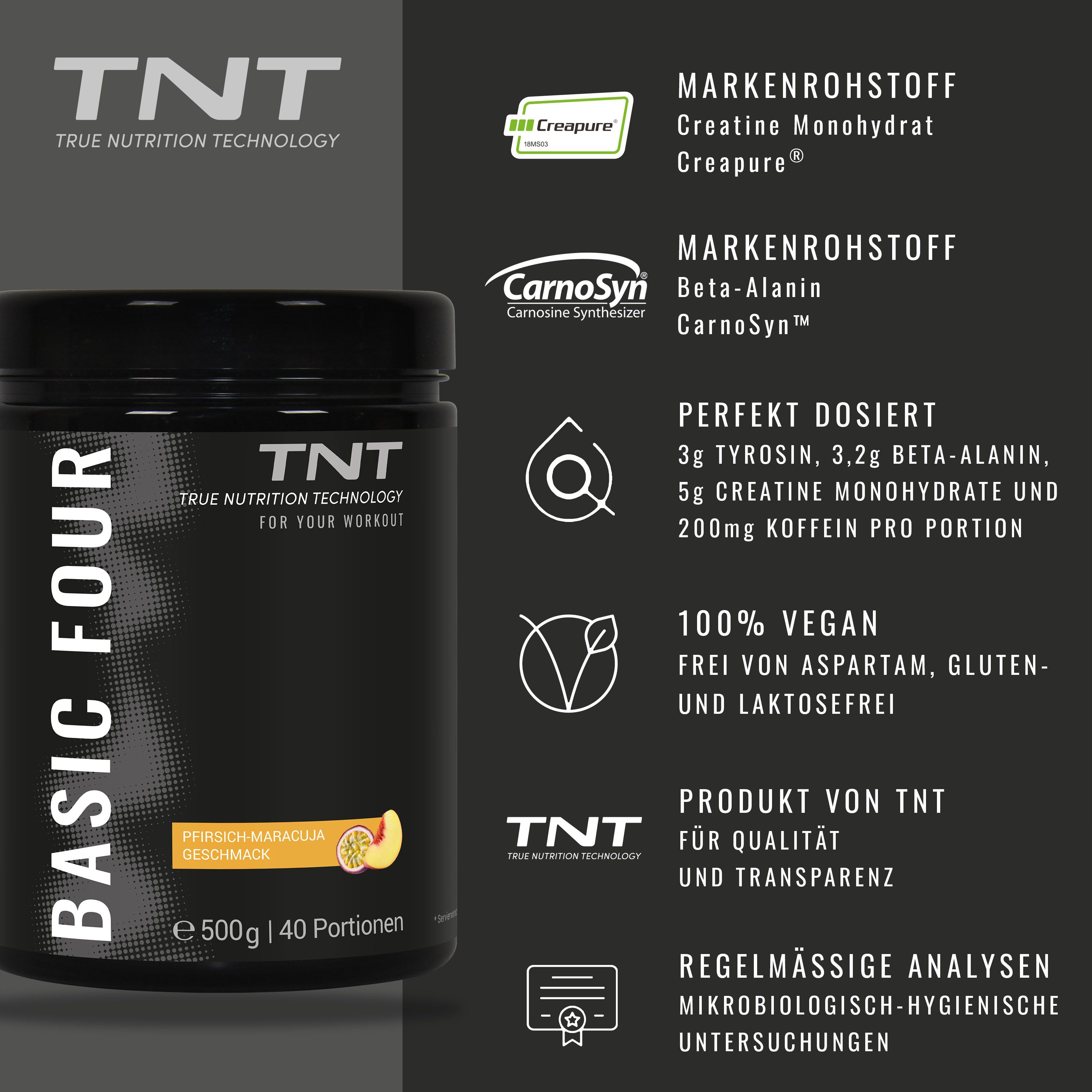 TNT Basic Four Dose mit Logos und Text. Aufschrift: Pfirsich-Maracuja Geschmack. 500g, 40 Portionen.