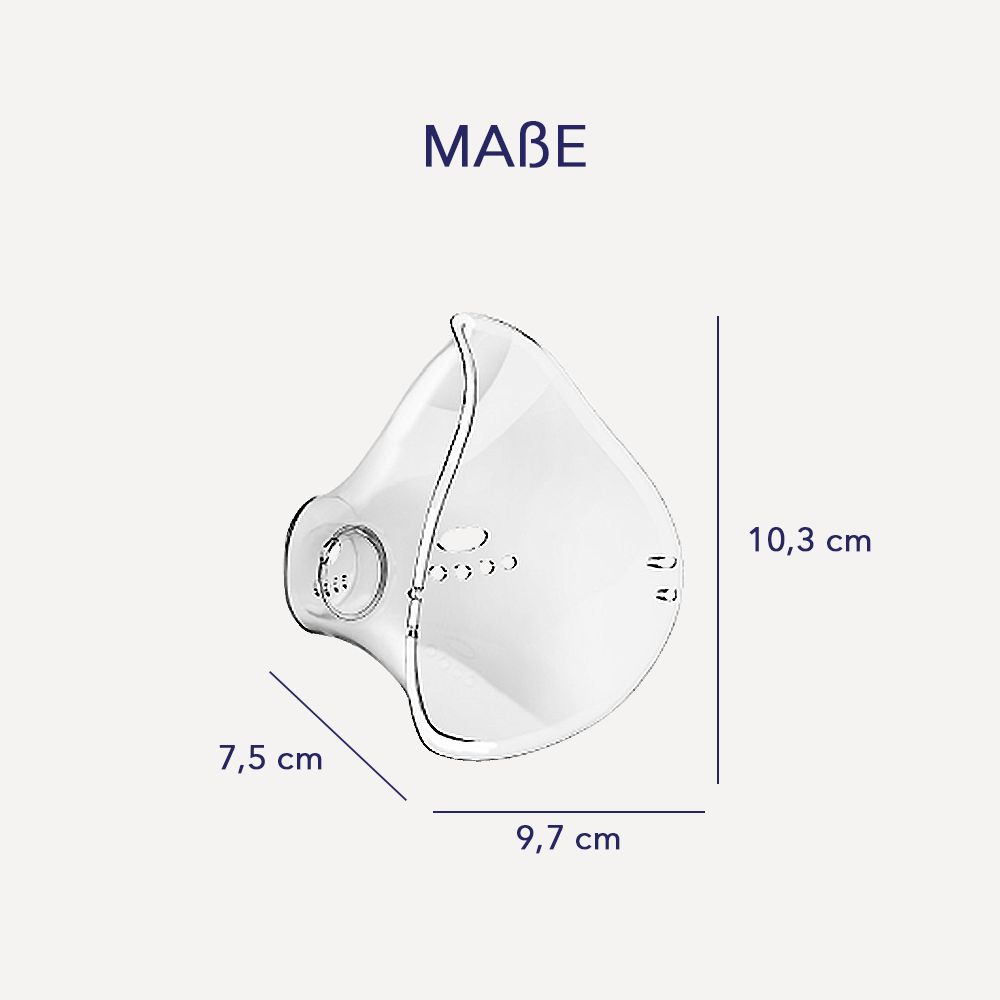 Transparente Erwachsenenmaske mit Maßangaben: 7,5 cm x 9,7 cm x 10,3 cm. Text: MAßE.