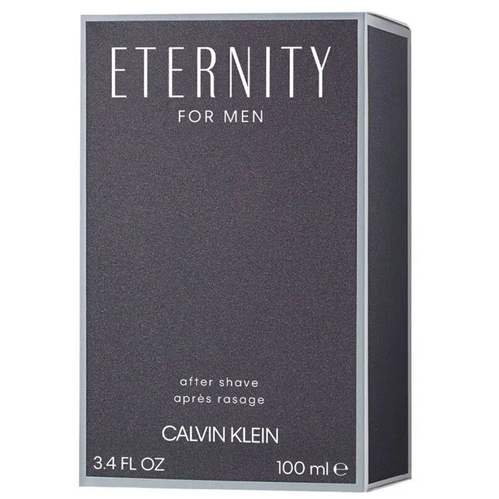 Dunkelgraue rechteckige Verpackung. Aufschrift: ETERNITY FOR MEN, after shave, CALVIN KLEIN. Unten: 3.4 FL OZ und 100 ml.