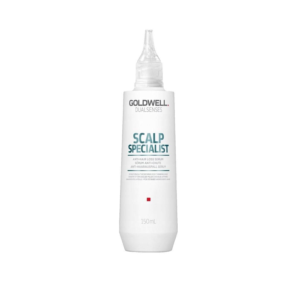 Weißes Fläschchen mit Applikator. Aufschrift: Goldwell Dualsenses Scalp Specialist Anti-Haarausfall Serum. Roter Punkt. 150ml.