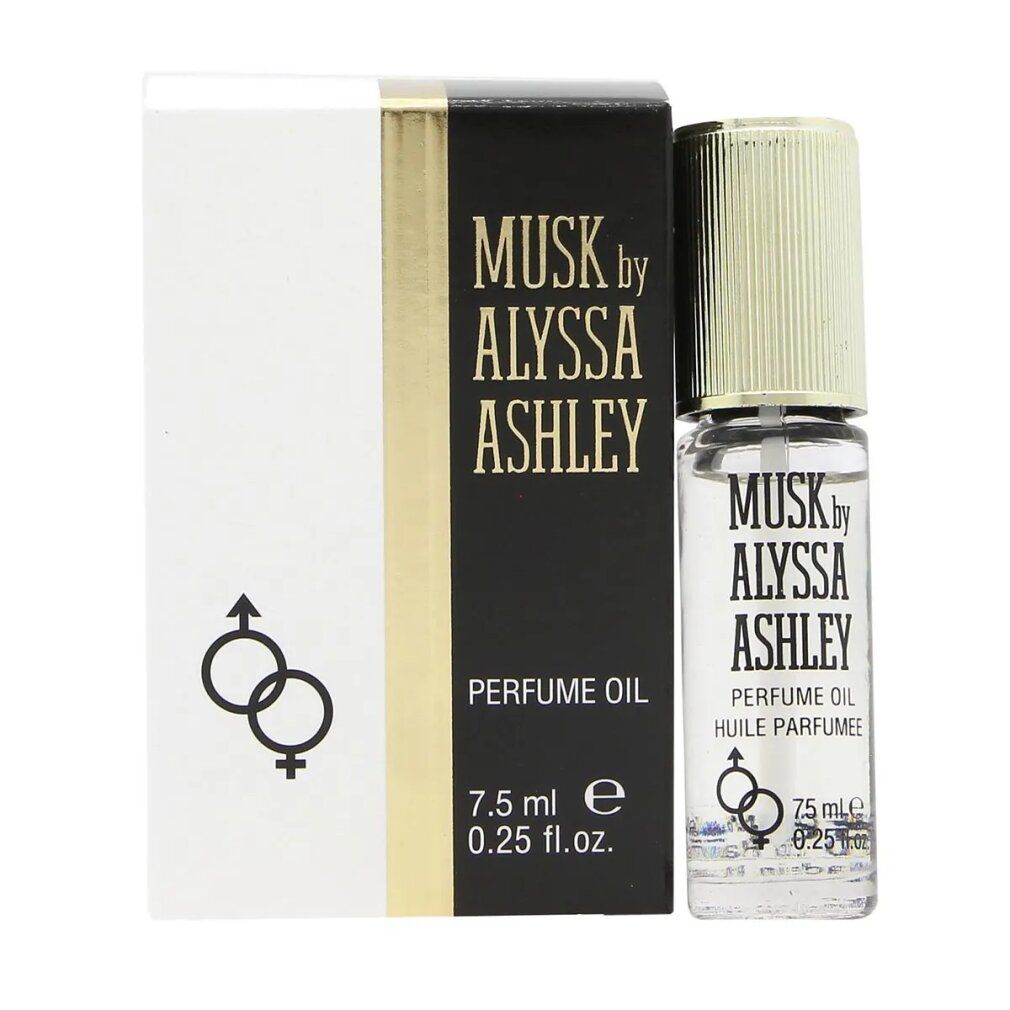 Parfümöl-Flakon und Schachtel. Aufschrift: Musk by Alyssa Ashley, Parfümöl. Enthält 7,5 ml. Verpackung mit Logo und Symbolen.