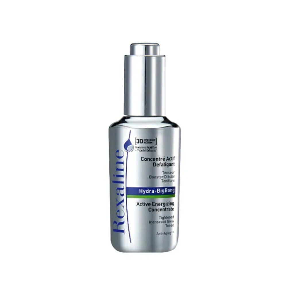 Rexaline Hydra-BigBang Konzentrat in silberner Flasche mit Pipettenaufsatz.