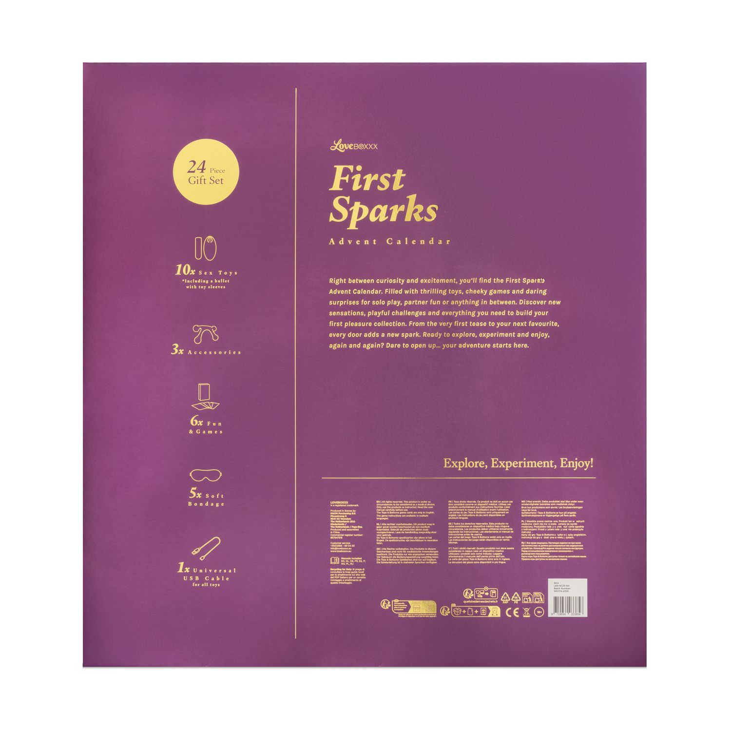 Rückseite des Adventskalenders. Text: First Sparks, Advent Calendar. Auflistung von Inhalten. Logo: Loveboxxx.