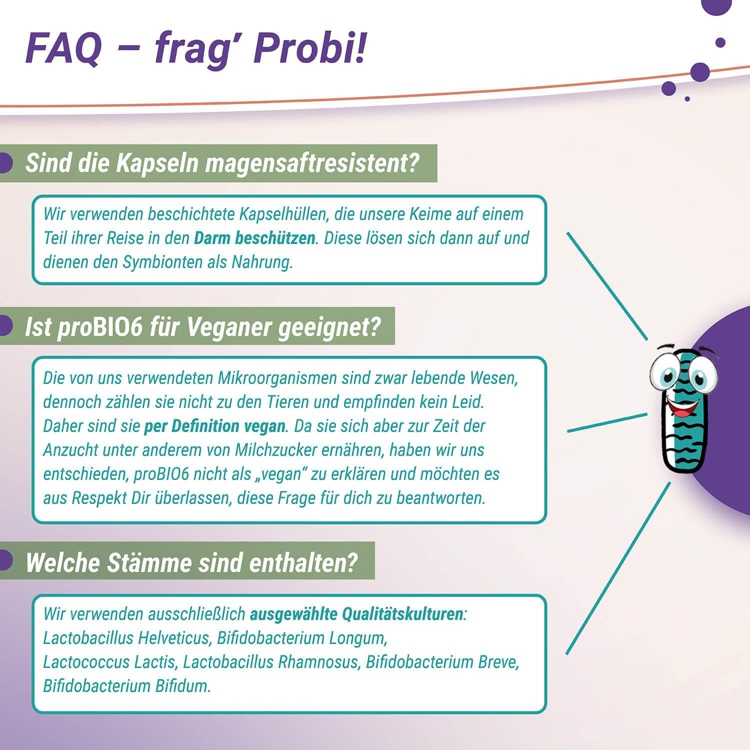 FAQ-Seite. Fragen zu magensaftresistenten Kapseln, veganer Eignung und enthaltenen Stämmen. Illustration einer Bakterie.