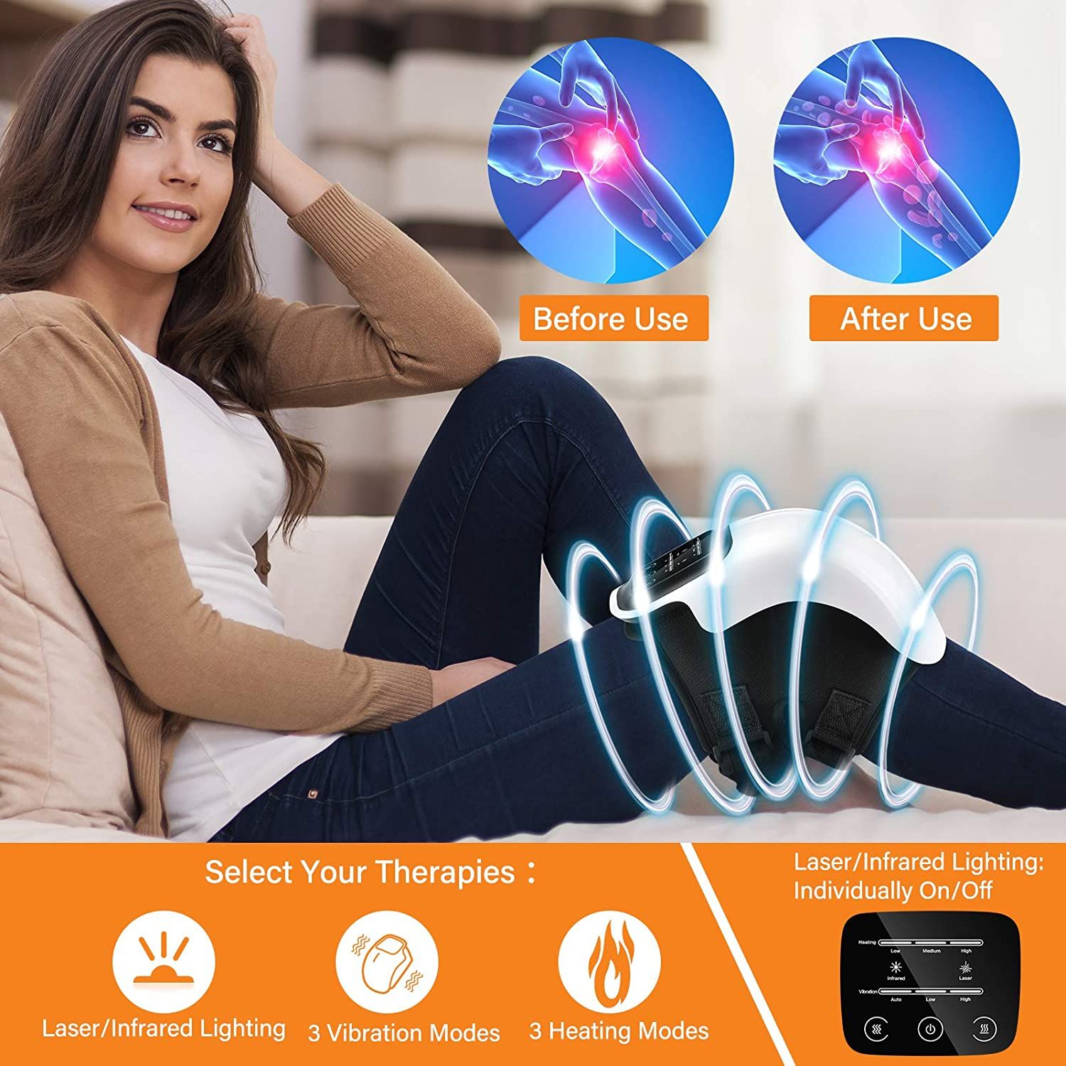 Frau mit Knie-Massagegerät. Vergleich Vorher/Nachher. Bedienfeld mit Modi. Symbole für Laser/Infrarot, Vibration, Heizung.