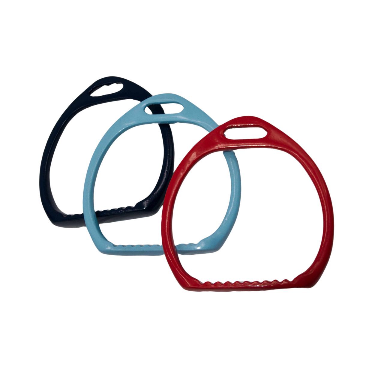 Drei farbige Steigbügel. Blau, rot und dunkelblau.