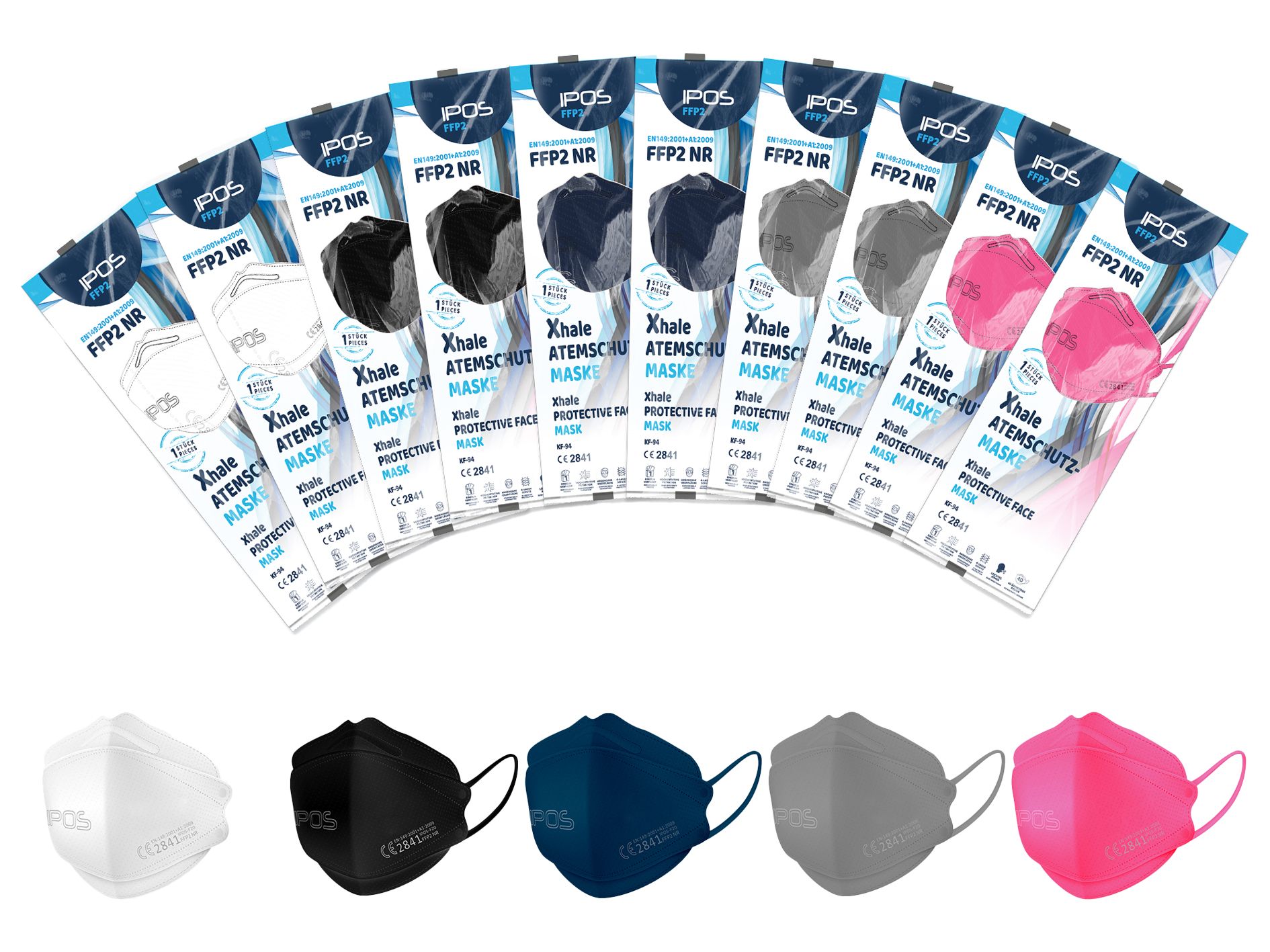 Mehrere einzeln verpackte Atemschutzmasken in verschiedenen Farben. Aufschrift: IPOS, FFP2 NR, Xhale Atemschutzmaske. Darunter Masken.
